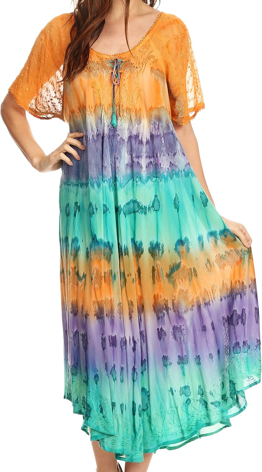 Sakkas 17506 - Sula Long Laced Cotton Tie-Dye Wide Neck Embroidered Boho Sundress Cover Up - Orange/Mint - OS