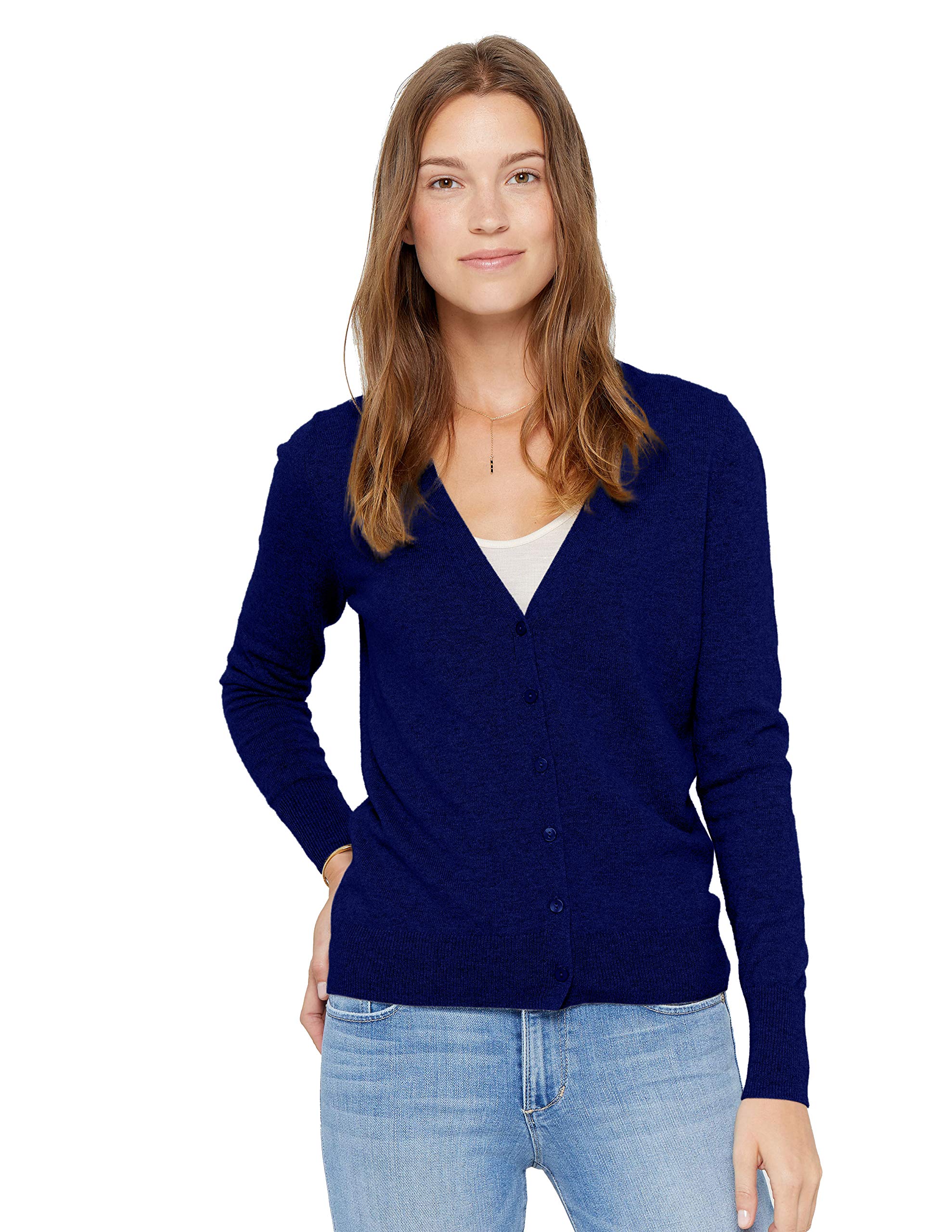 Photo 1 of State Cashmere Women's Button Front V-Neck Cardigan 100% Pure Cashmere Long Sleeve Sweater (Navy, Medium)