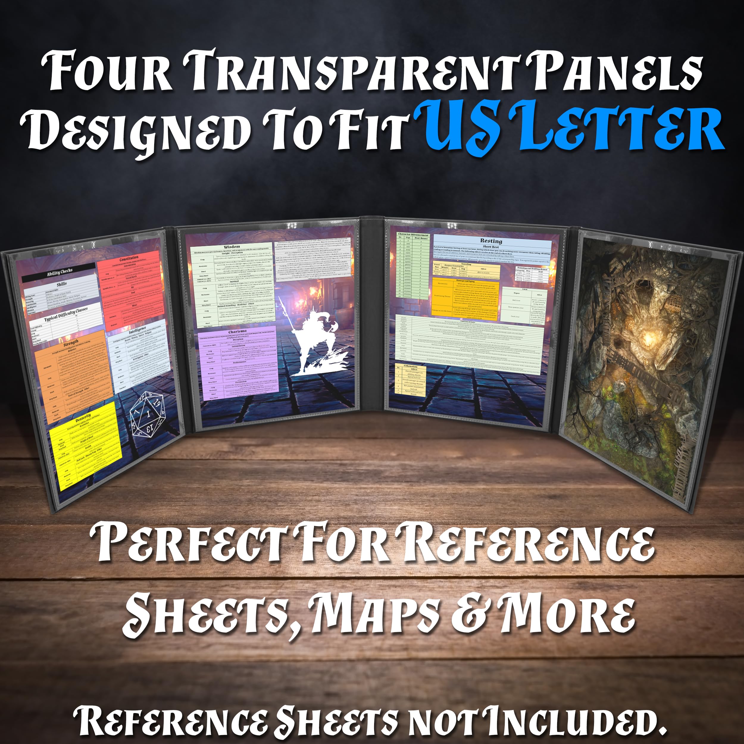 CASEMATIX DM Screen Faux Leather Embossed GM Screen - Four Panel Folding Dungeon Master Screen with Wet Erase Pockets and Compatible with Tabletop Roleplaying Games, Inserts Not Included, Black