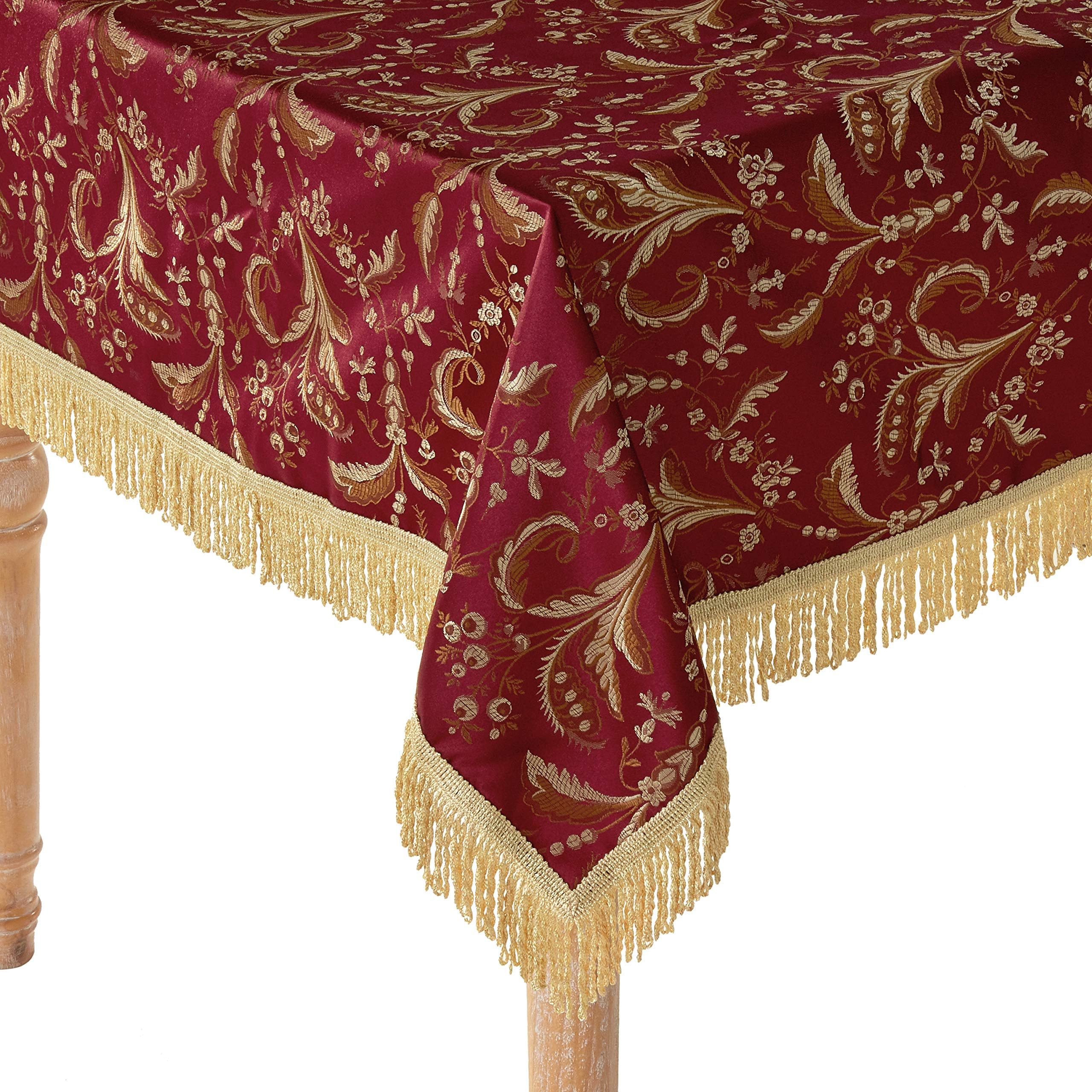 Violet LinenLuxury Damask Floral Design, Polyester Jacquard, with Fringes, Burgundy, 60 Inch by 102 Inch, Seats 8 to 10 Pepole, Rectangle Tablecloths