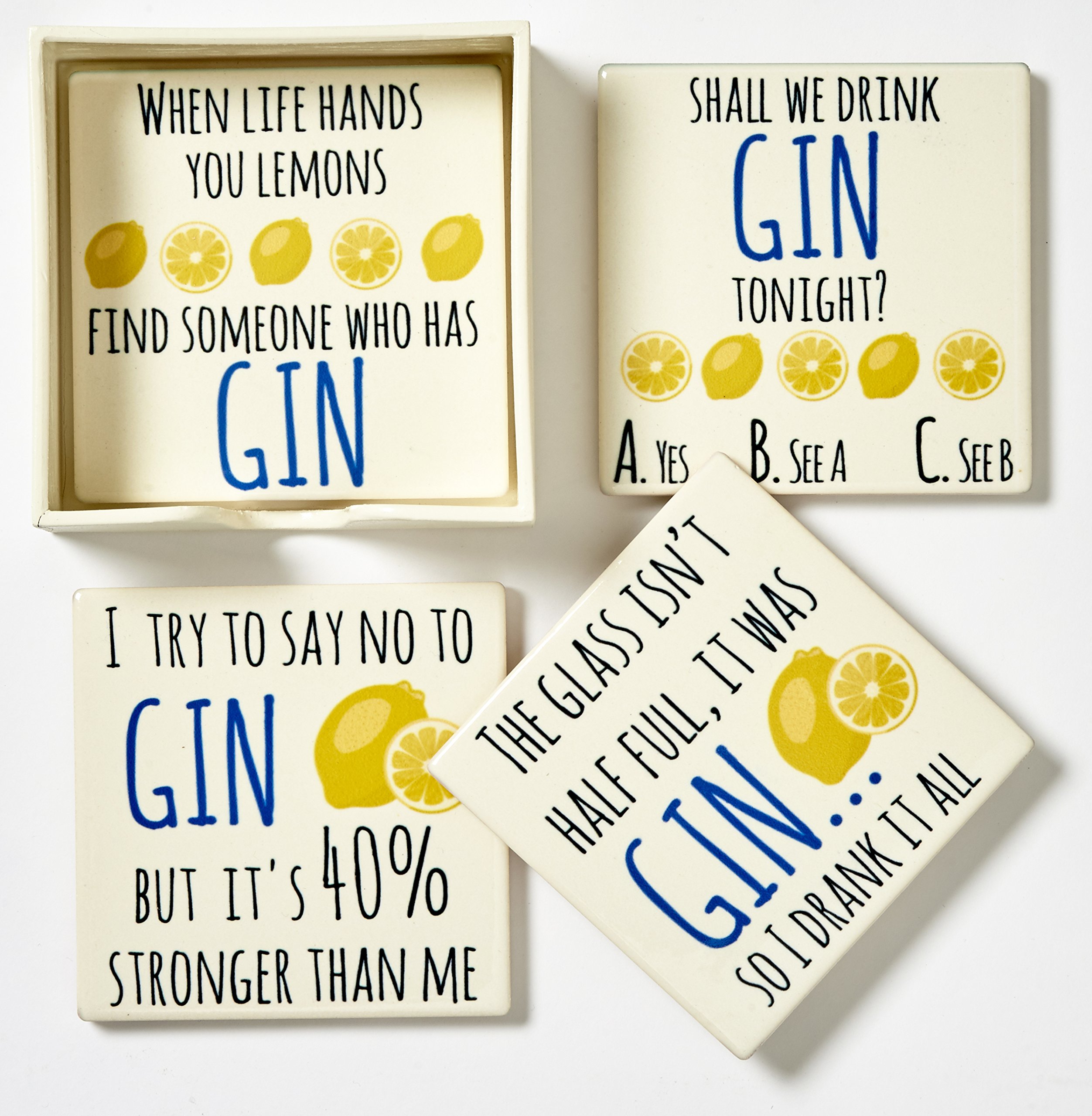 Transomnia Gin Coasters - Set Of Four Funny Ceramic Coasters in box