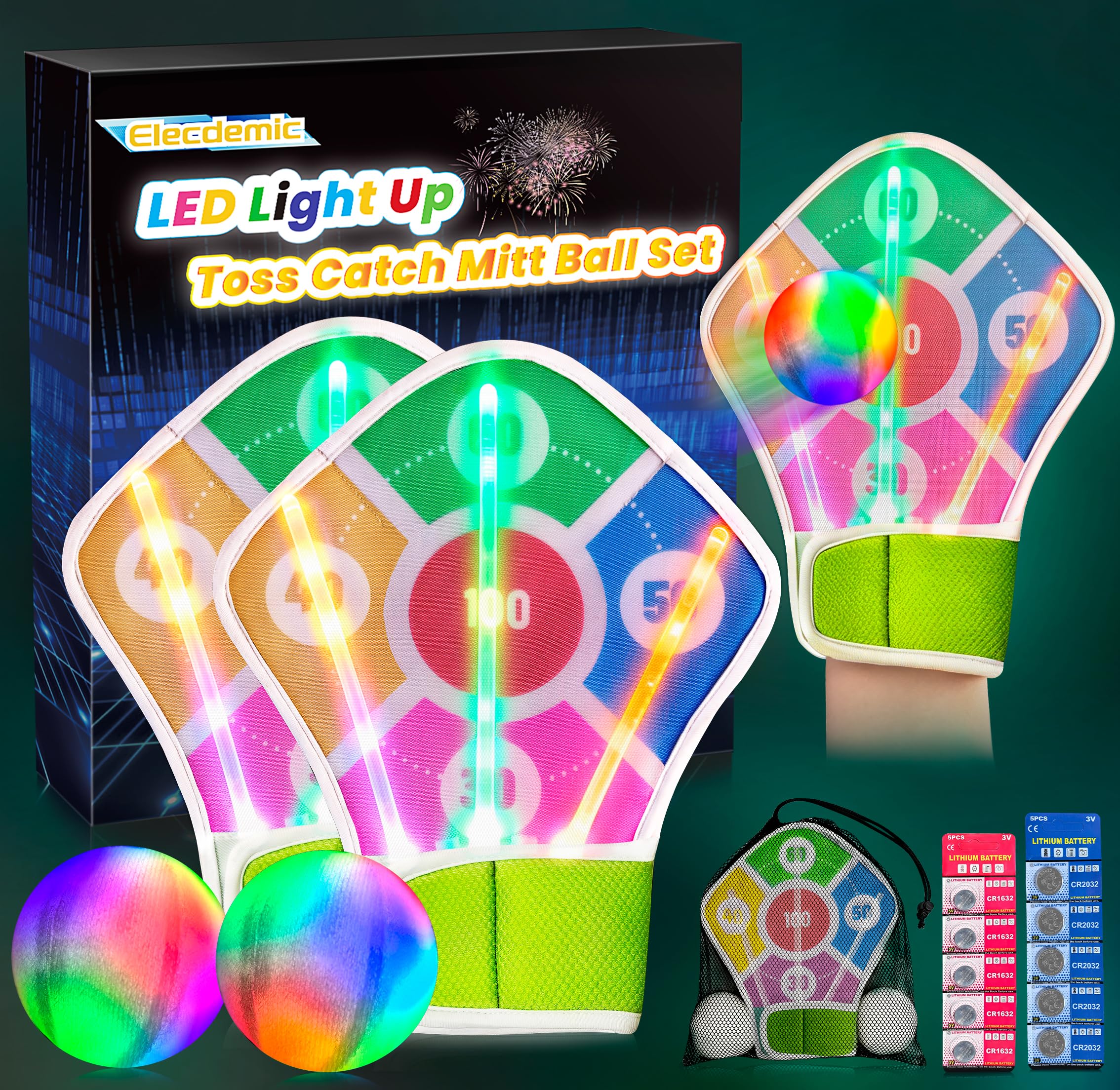 Elecdemic Licht LED Klettballspiel Dartscheibe Wurfspiel Kinder Erwachsene Outdoor Indoor Strand Party Leuchtend Klett Handschuhe Ball Spielzeug Spiele 5-12 Jahre Mädchen Junge Geburtstag Geschenke