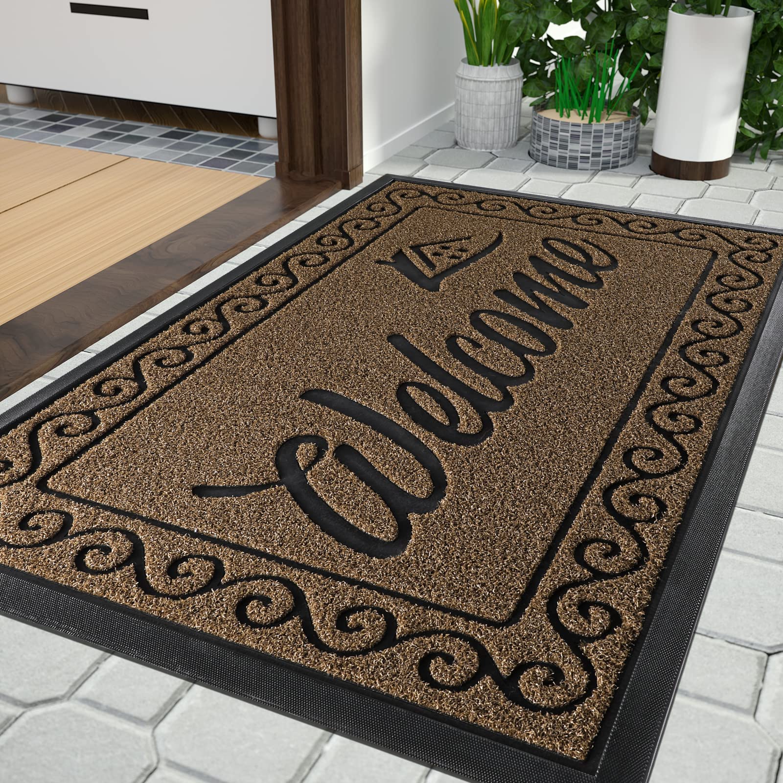 Yimobra welcome door mat, Heavy Duty Sturdy Front Mats for Home Entrance Outdoor Indoor,Non Slip Backing, Exterior Mats for Outside Patio Porch Farmhouse, 81 x 120 cm, Coffee