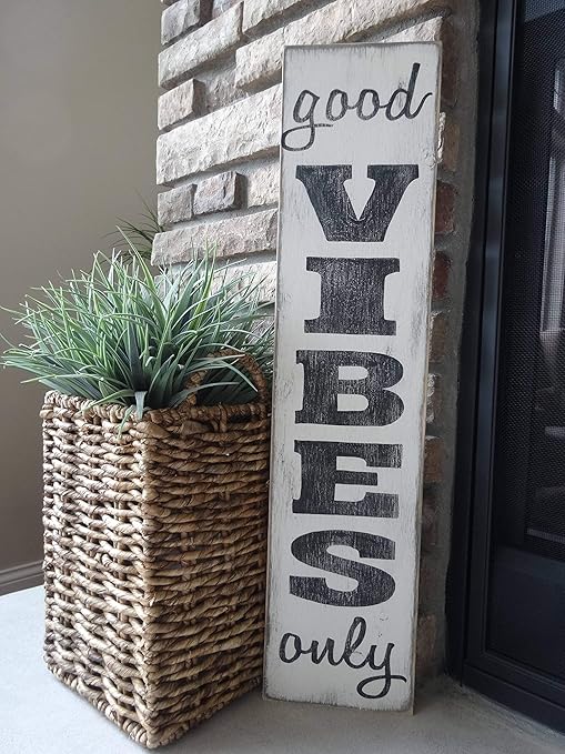 Good Vibes Only Vertical Sign Hand Printed Wood Sign Inspirational Signs Positive Signs Outdoor Patio Sign Front Door Vertical Sign Amazon Ca Home Kitchen