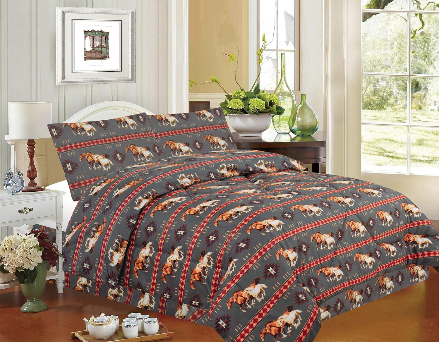 Rugs 4 Less Equestrian Rustic Southwestern Native American Western Cowboy Comforter Set with Running Mustangs and Tribal Patterns - Horse Stampede Grey King Comforter