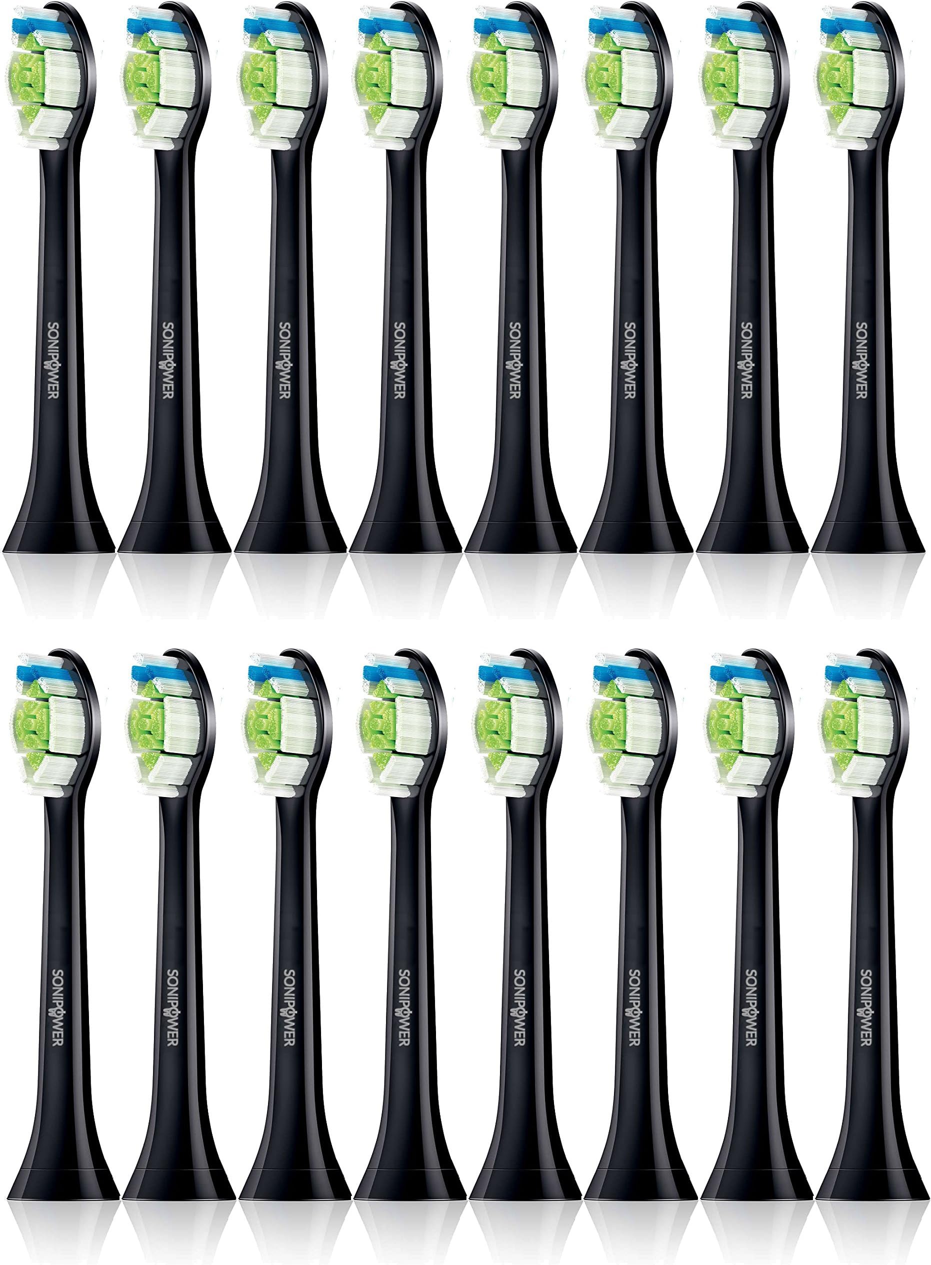 16 Pack Sonipower Black Dimaond Clean Standard size Replacement Toothbrush Head for Philips Sonicare Click On Brush Heads HX6062/94 HX6066/31
