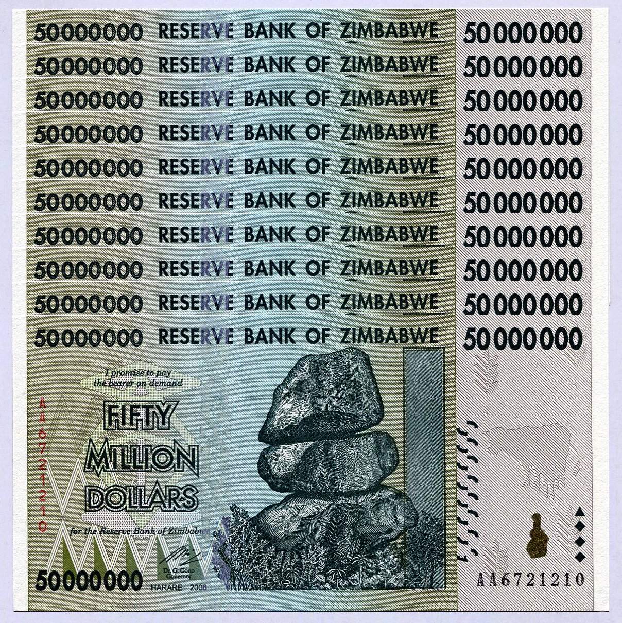 RBZ Collectibles Zimbabwe 50 Million Dollars x 10 2008 UNC, World inflation record, currency banknotes …