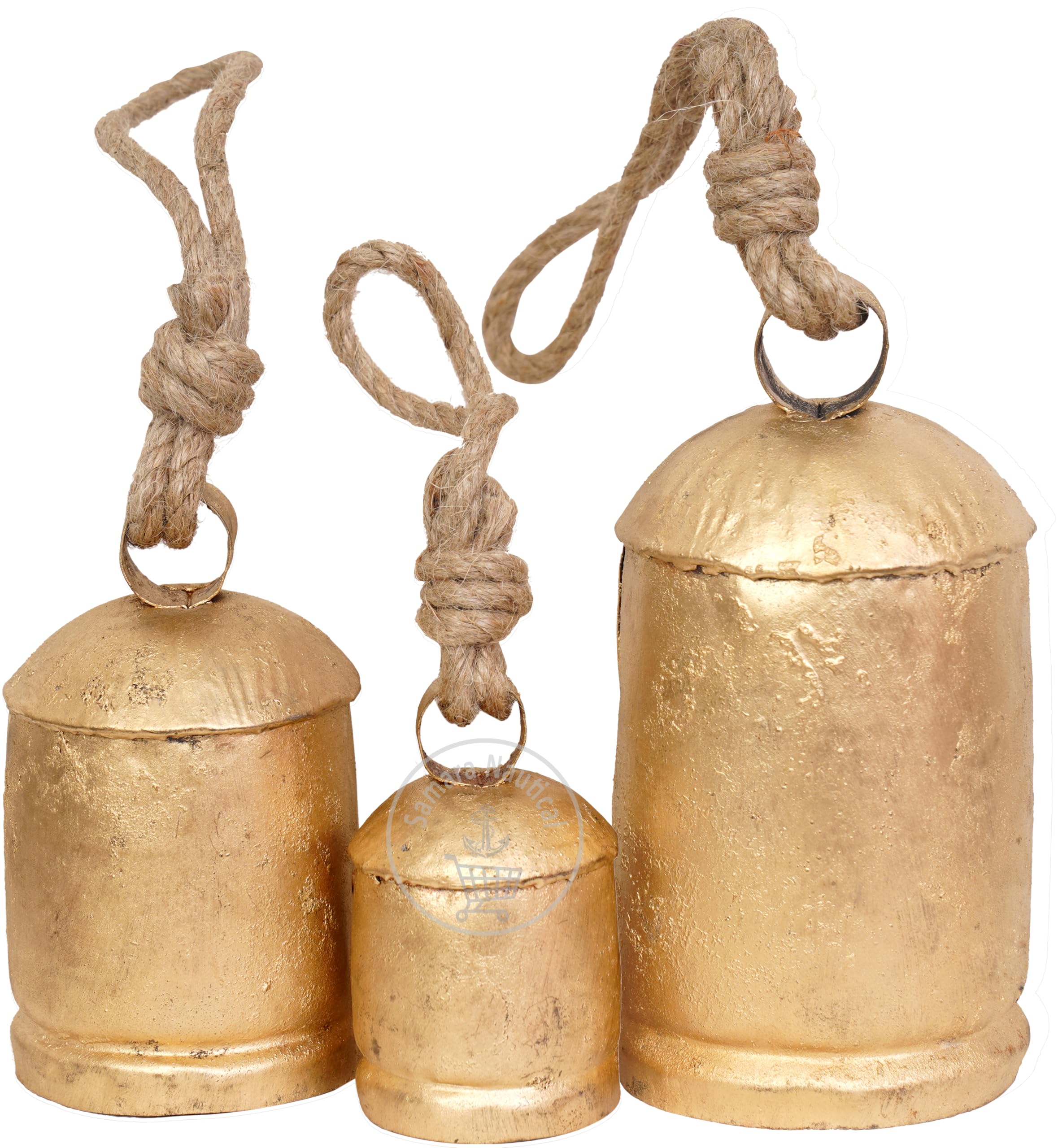 Handmade Rustic Cow Bell Set of 3 – Antique Brass Metal Bells with Jute Rope – Vintage Farmhouse & Garden Decor – Indian Artisan Crafted – Perfect for Wall, Door, Festive, Meditation Use