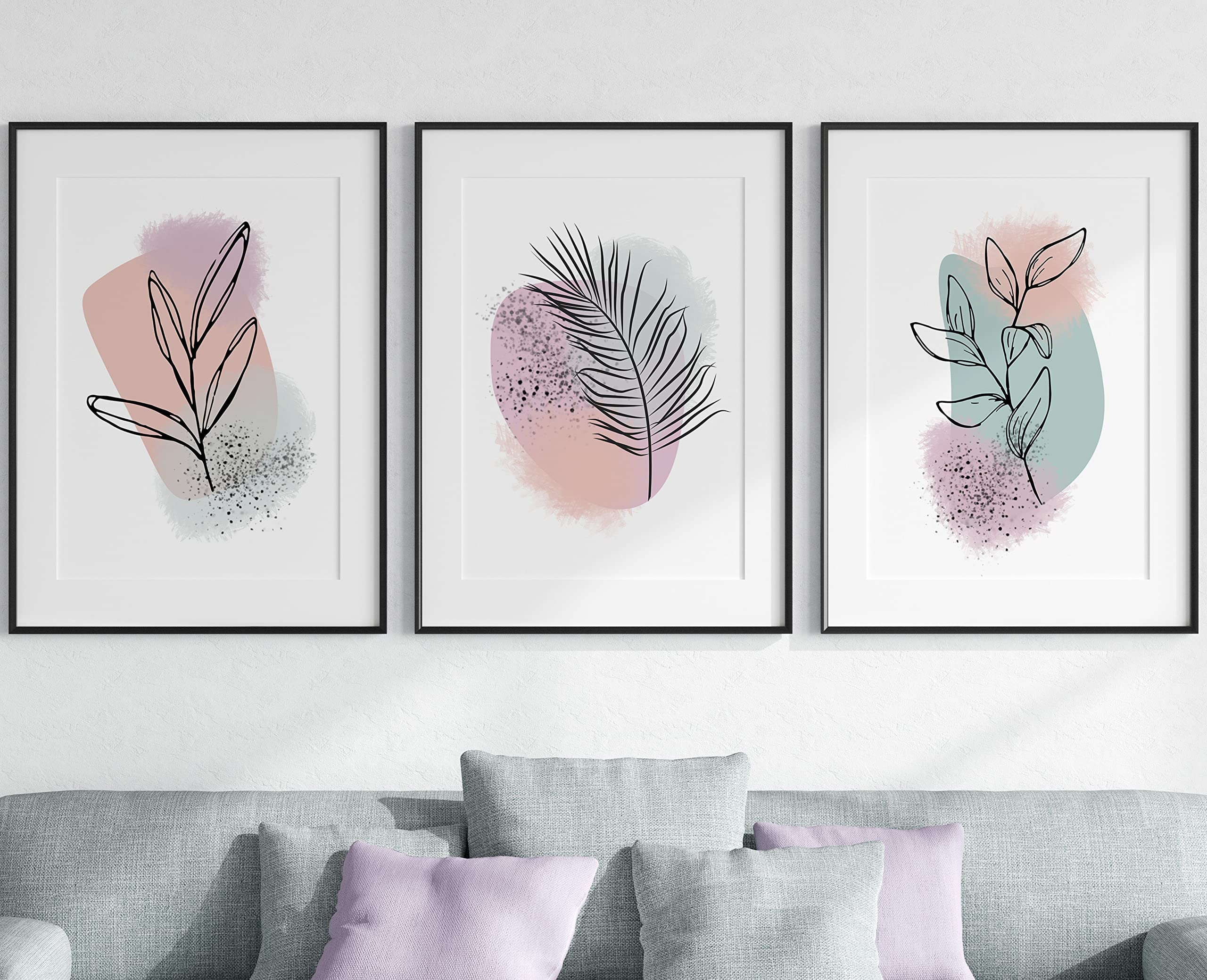 Botanical Sunset Plant Wall Art Set of 3 Unframed Prints, Abstract Tropical Plant Decor, Living Room Bedroom Poster Home Decor, Leaves Black Green Pink Orange (A4)