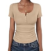 ANRABESS Womens Short Sleeve Henley Shirts Ribbed Slim Fitted Tee Summer Work Tops 2026 Button Blouse Spring Vacation Clothes