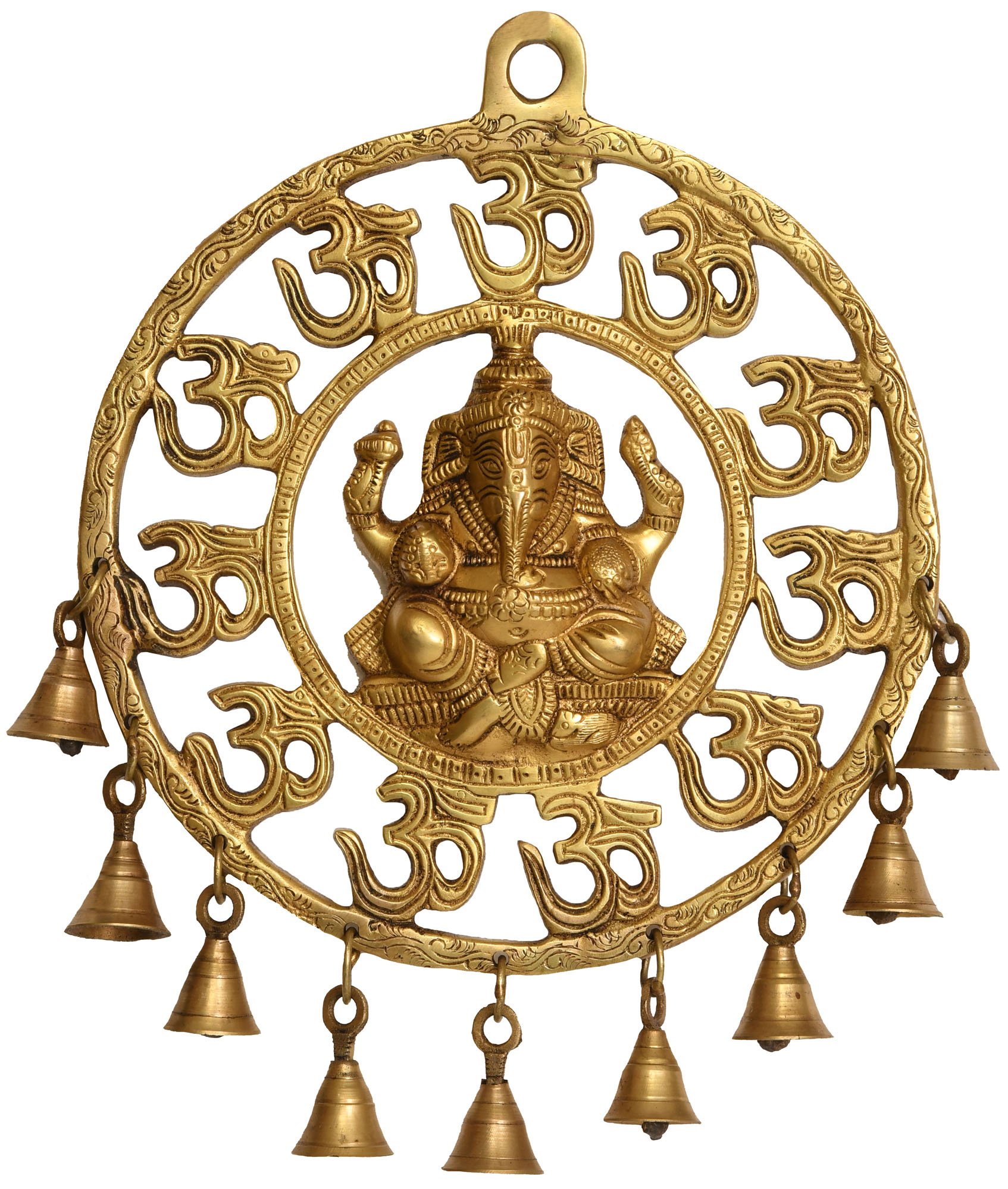 Exotic India Om Aum Ganesha Wall Hanging with Bells Statue, brass, Gold, 8.5 x 11.3 x 1.3-Inch