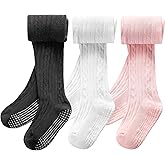 SPTRAMLE 3 Pack Toddler Tights, Non Slip Baby Tights for Girl (6 months-6 years), Knit Cotton Pantyhose Black White Pink Grey