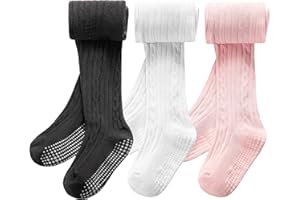 SPTRAMLE 3 Pack Toddler Tights, Non Slip Baby Tights for Girl (6 months-6 years), Knit Cotton Pantyhose Black White Pink Grey