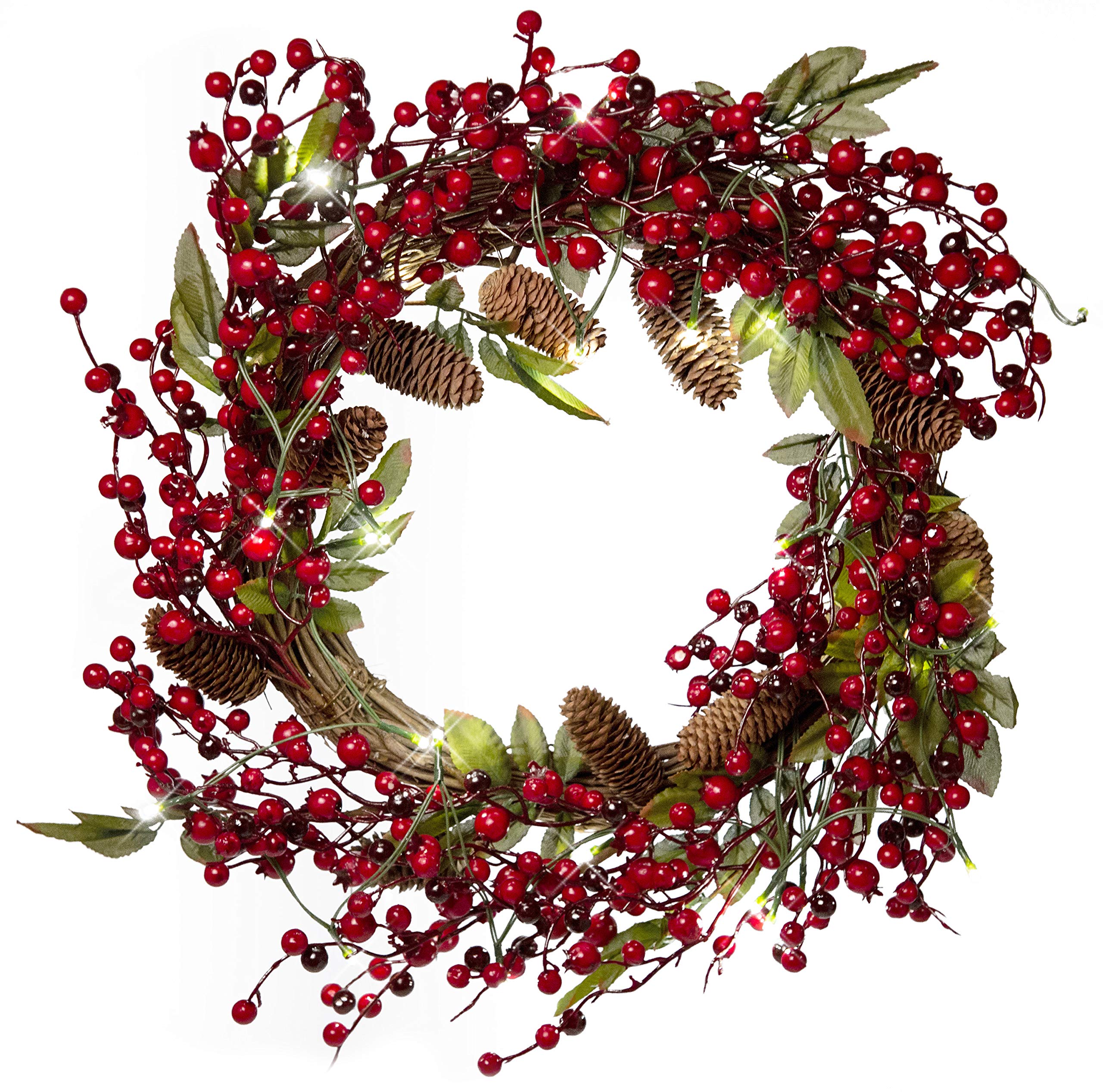 22 Inch Light-Up Christmas Wreath with Red Cranberries, Pinecones & Leaves, Battery Operated LED Lights with Timer
