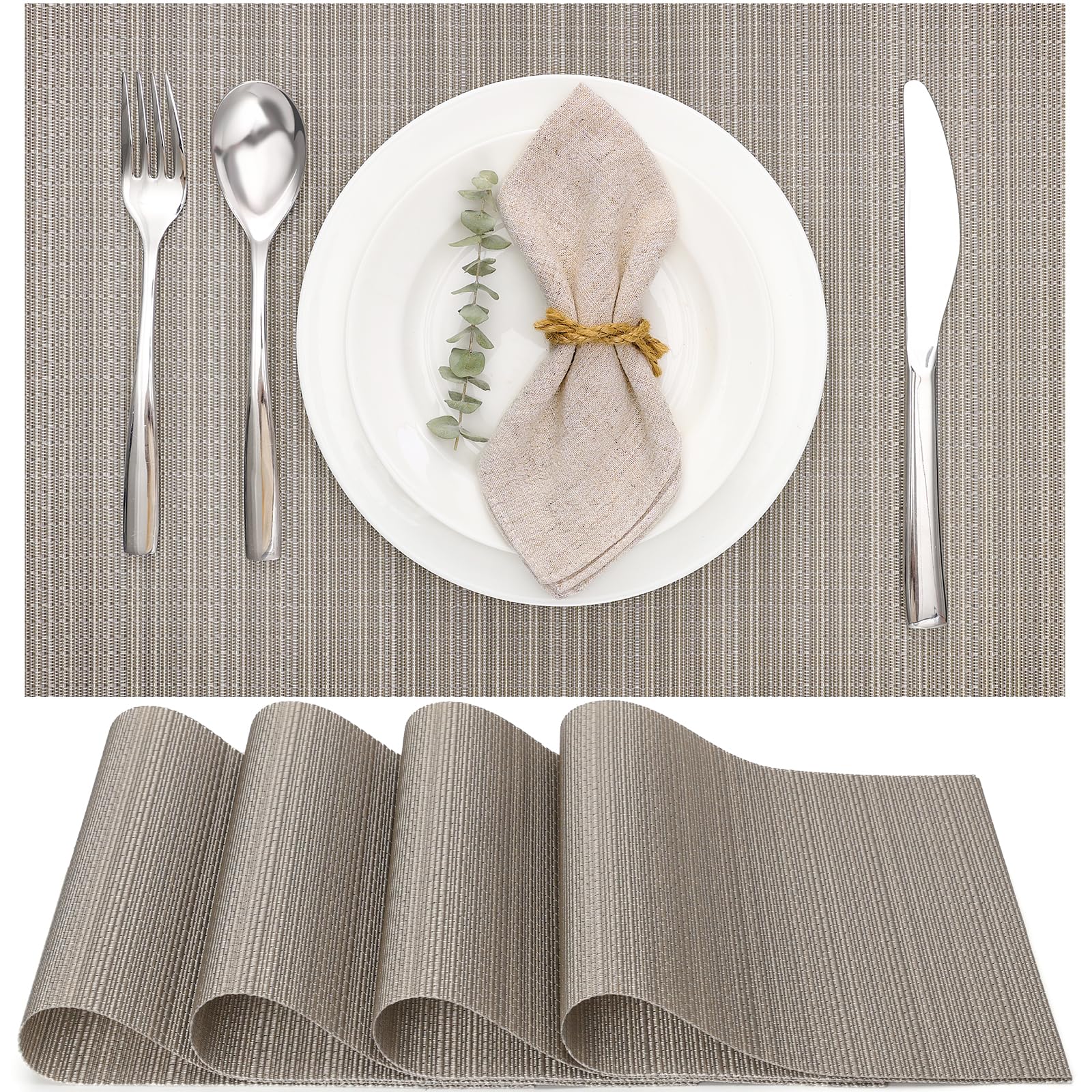 Myir JUN Table Mats Set of 4, Place Mats Table Placemats Washable Non-slip Heat Insulation Woven Vinyl for Kitchen Dinning Restaurant 17"X12" (Silver Golden)