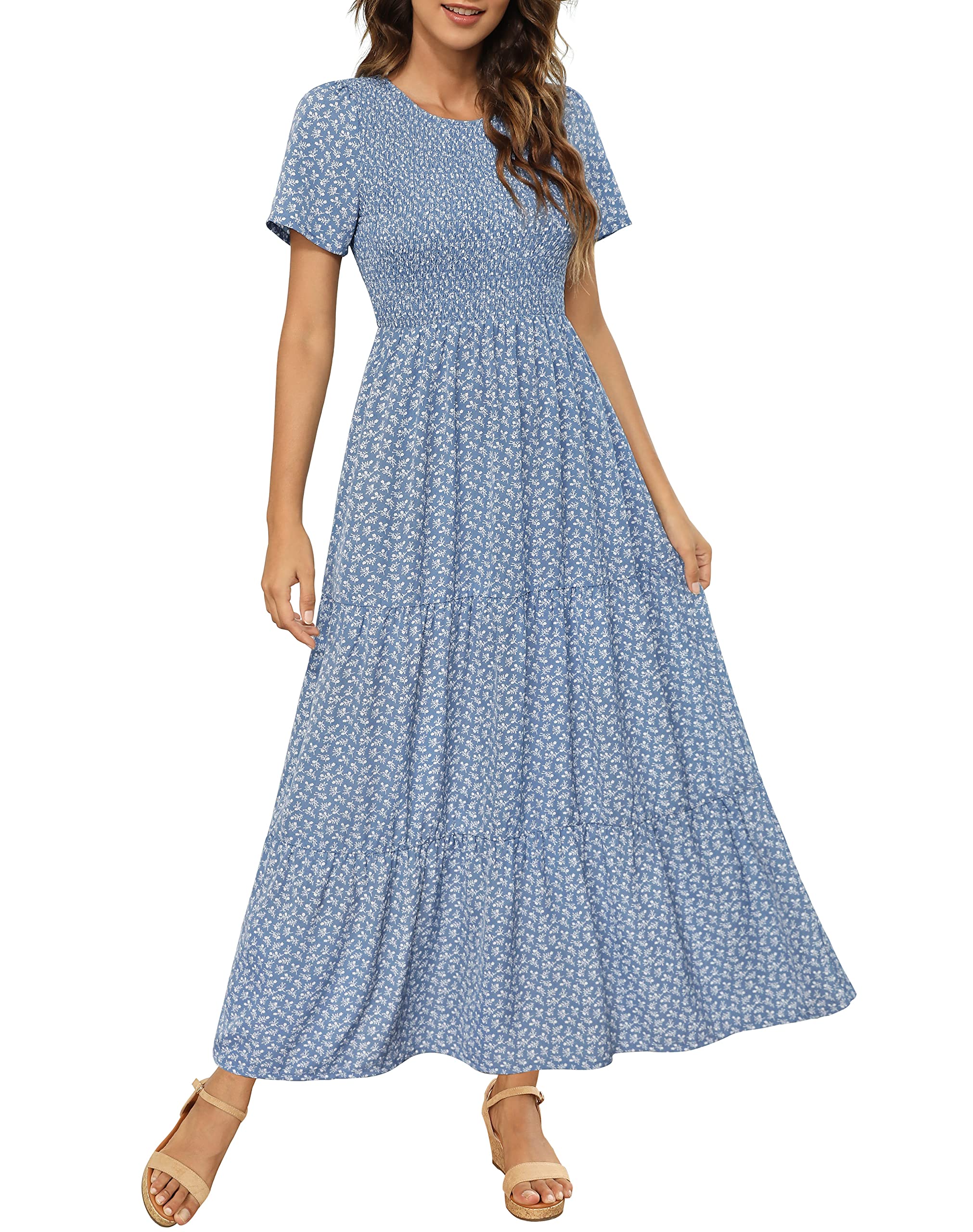 Photo 1 of Maggeer 2023 Summer Spring Flowy Casual Maternity Floral Tiered Beach Long Dresses Teacher Church Smocked Short Sleeve Maxi Dress for Women Blue M