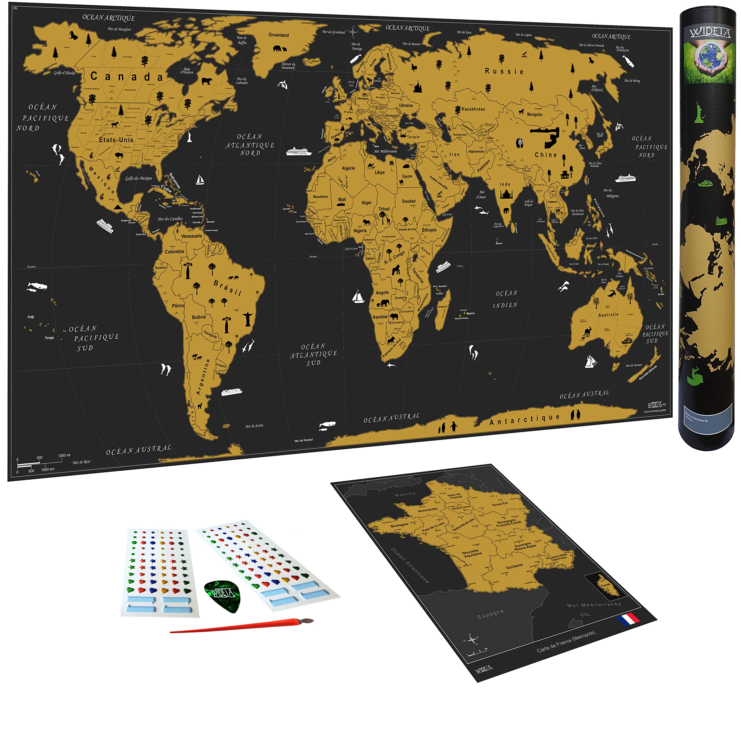 Wideta Scratch Off World Map, XXL (82 x 43 cm), Bonus Map of France, Sticker, Token and Scratch Pen/Gold Edition [French Language]