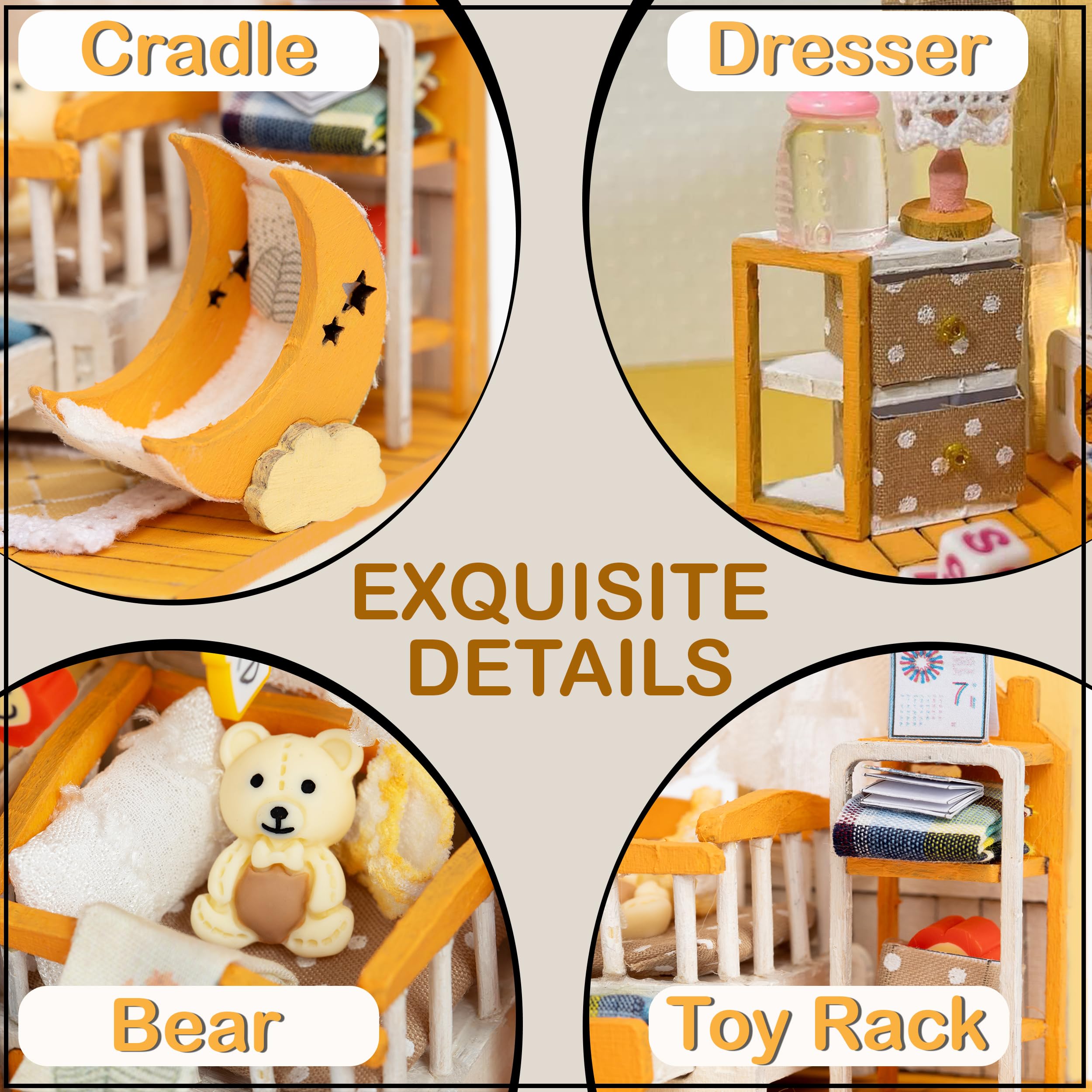 DIY Miniature Dollhouse Kit - Doll Kit with Furniture - 3D Wooden DIY Miniature Dollhouse Kit with Instructions, Nursery Accessories & LED Lights - Tiny House Miniature Kit 1:24 Scale