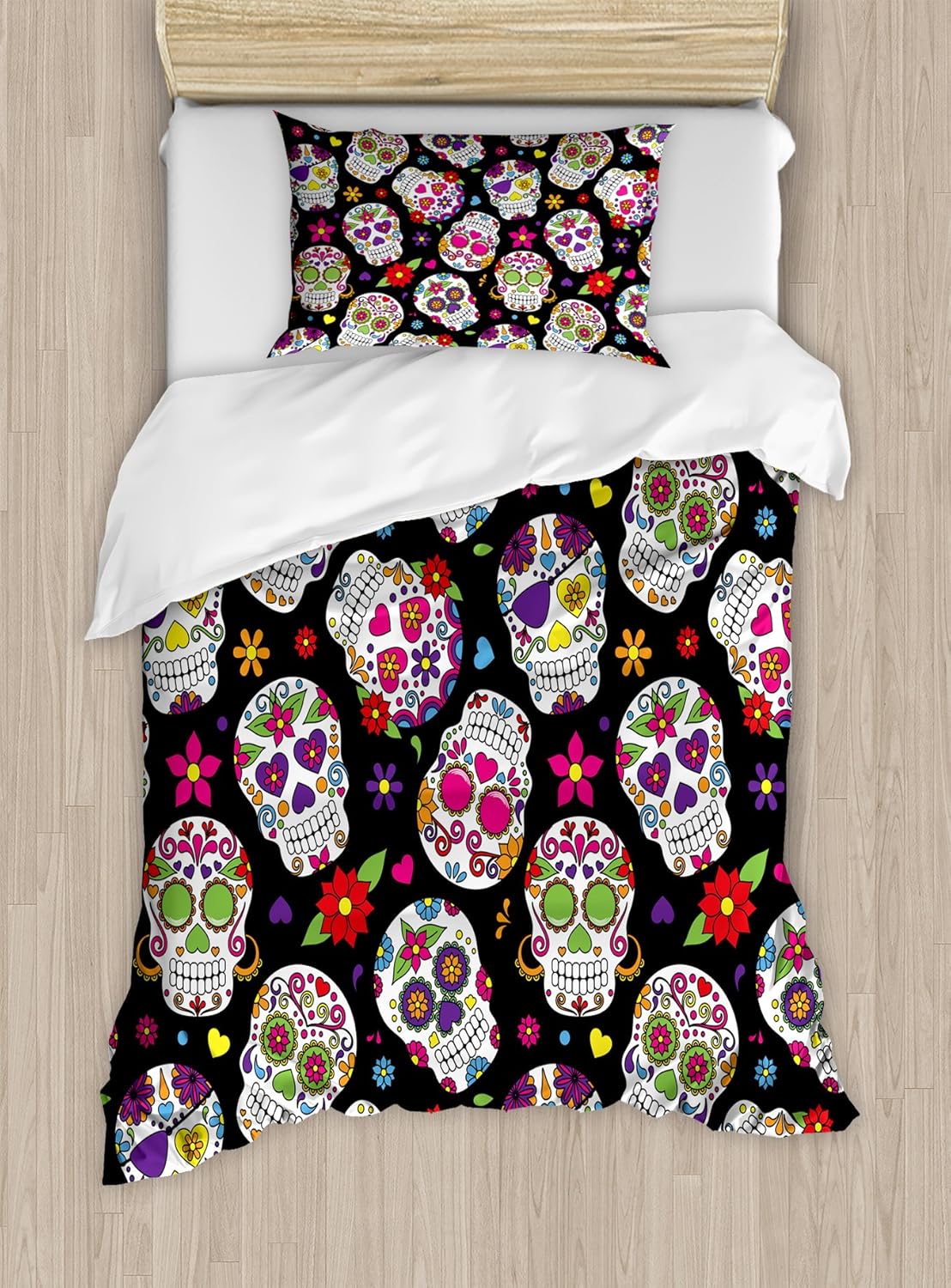 Ambesonne Sugar Skull Duvet Cover Set, Graveyard Mexico Mask Design on Black Backdrop Print, Decorative 2 Piece Bedding Set with 1 Pillow Sham, Twin Size, Black Green
