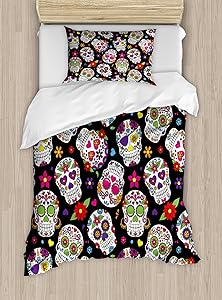 Ambesonne Sugar Skull Duvet Cover Set, Graveyard Mexico Mask Design on Black Backdrop Print, Decorative 2 Piece Bedding Set with 1 Pillow Sham, Twin Size, Black Green