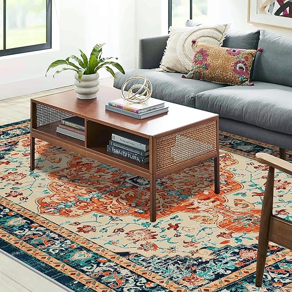 U’ARTLINES BOHO VINTAGE AREA RUG 5X7 MACHINE WASHABLE LOW PILE SOFT FLOOR CARPET NON SLIP NON SHEDDING ACCENT RUG FOR LIVING ROOM BEDROOM ENTRYWAY DINING ROOM OFFICE ORANGE/MULTI
