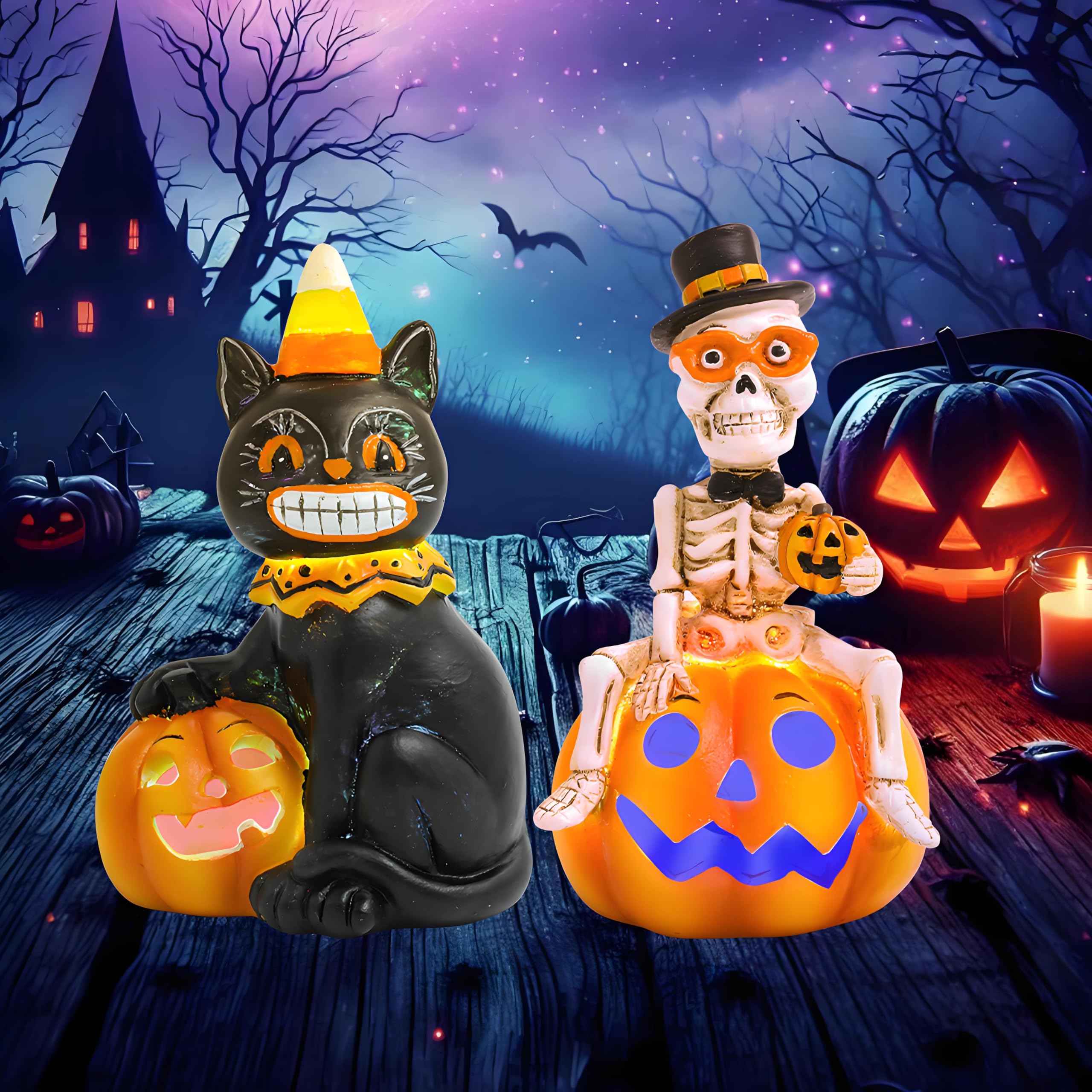 Photo 1 of GoGnome Vintage Halloween Decorations Indoor - 2-Pack 4.7'' Resin Skeleton Gentleman & Black Cat Figurine with Flickering Pumpkin Lights - Halloween Table Decor Ornaments Gifts (Jack-O’-Lantern)