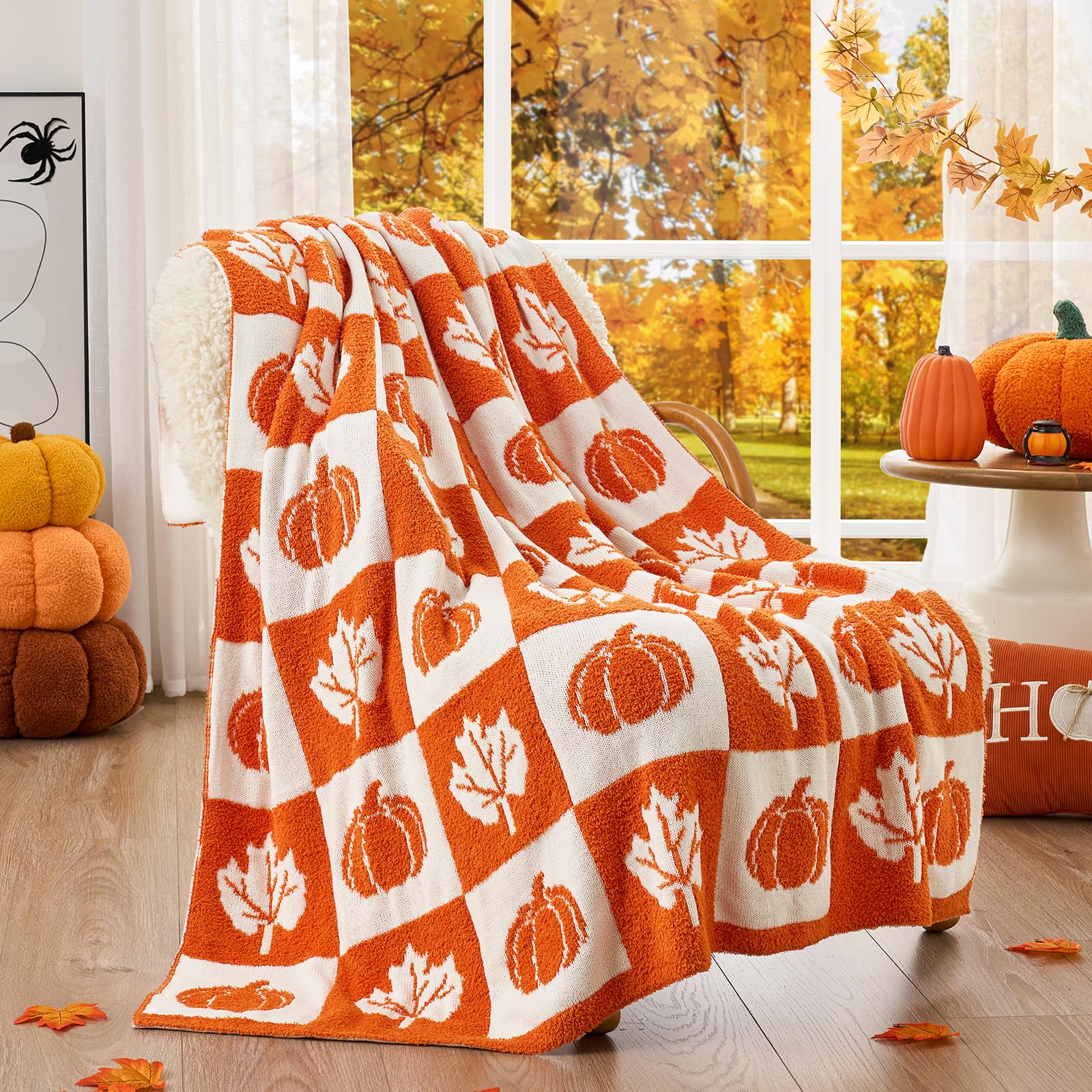Photo 1 of Snuggle Sac Fall Checkered Blanket Orange Pumpkin Maple Leaf Throw Blanket for Couch,Halloween Soft Cozy Luxury Decoration Blanket for Sofa Bed Living Room,50×60 inches