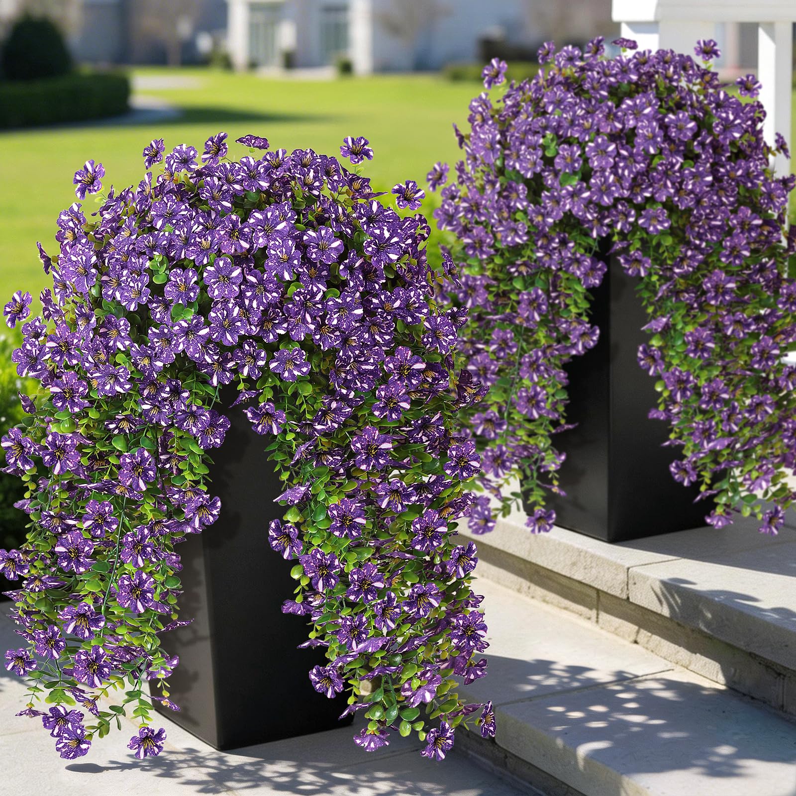 GLIDLION 4 PCS Artificial Morning Glory & Eucalyptus for Outside, Realistic Sun Resistant Fake Silk Hang Flower Faux Eucalyptus Leave for Patio Farmhouse Garden Porches Balcony Decor (Purple)