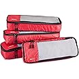 Amazon Basics Lightweight Packing Cubes for Travel, 4 Piece Set With Double Zipper Pulls and Mesh Top Panel, 100% Durable Polyester, Slim, Red