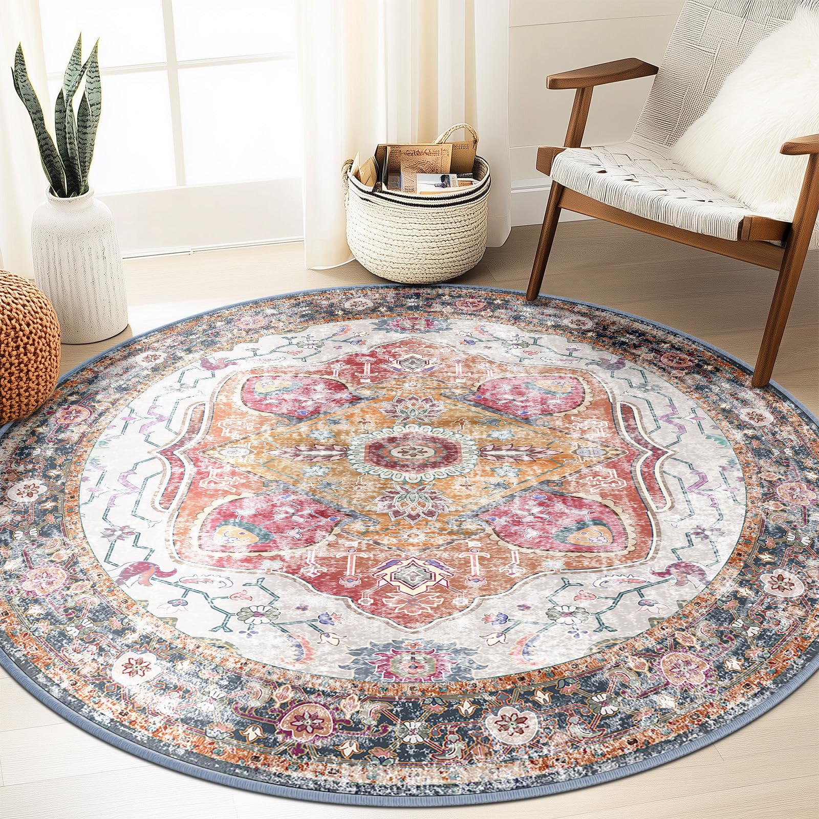 Photo 1 of RELEANY 6ft Area Rug Vintage Machine Washable Low Pile Carpet No Shedding Area Rugs for Living Room Bedroom Dining Room Kitchen Entryway Hallway Office Indoor-Pink/Navy/Multi