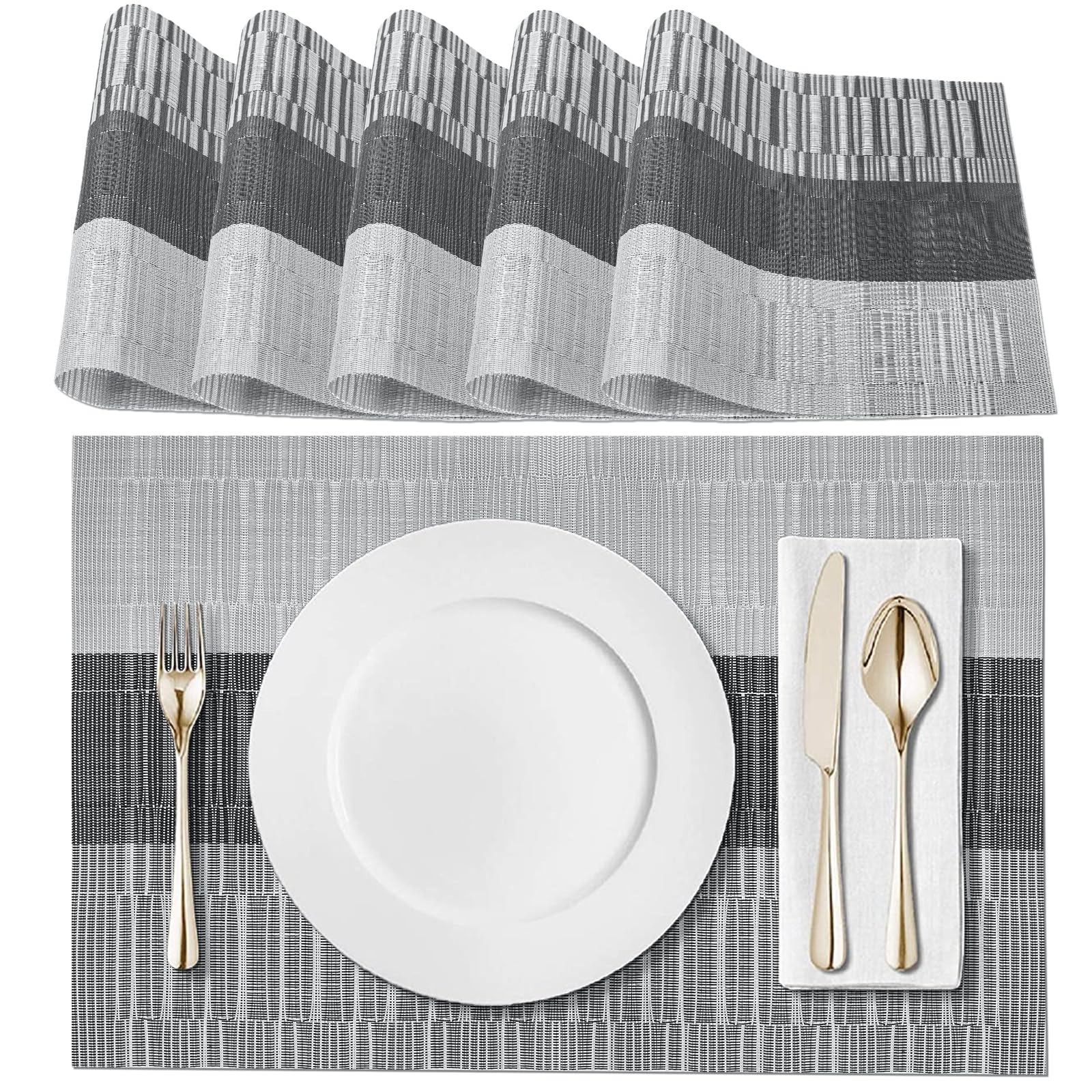 Airymium CD-G-002 Non-Slip Place Mats Set of 6 Washable PVC Tear-Resistant Heat-Resistant Place Mats for Kitchen Home Restaurant Dining Table CD-G-002 45 x 30 cm Grey