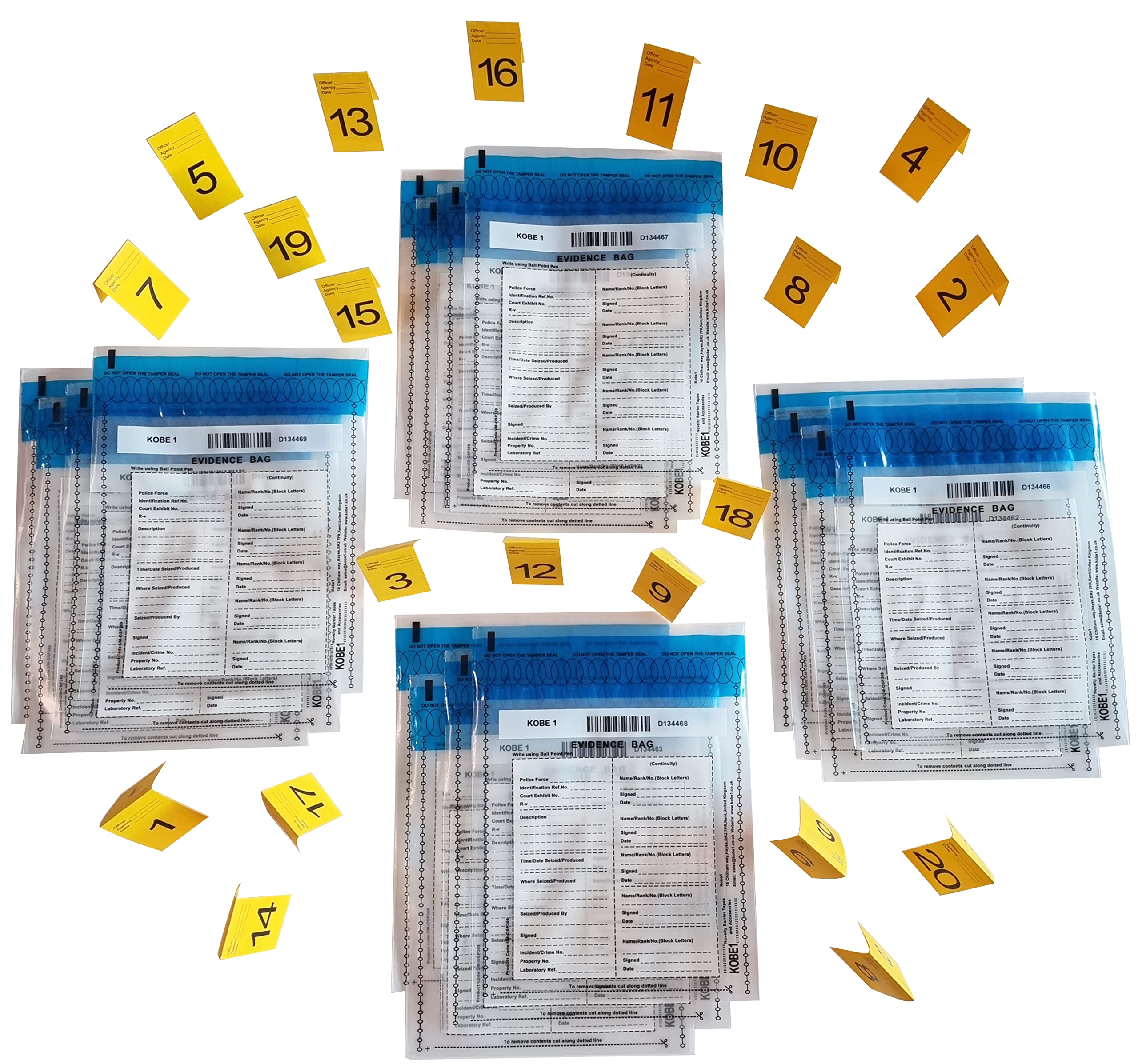Kobe1 Evidence Collection bags (x16),Photo Evidence Markers,Frames,Cards:1-20,(7cm x 4cm).Crime Scene,CSI,Police props.