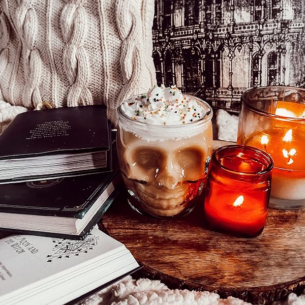 6 PACK – 15 OZ SUGAR SKULL GLASS SUMMERWEEN TUMBLERS – SET OF 6 CREEPY DRINKING CUPS -15 OZ, WITCHY GIFTS, SPOOKY GOTH GIFTS FOR WOMEN, – GOTHIC KITCHEN DECOR, WITCHY BARWARE SKULL JAR