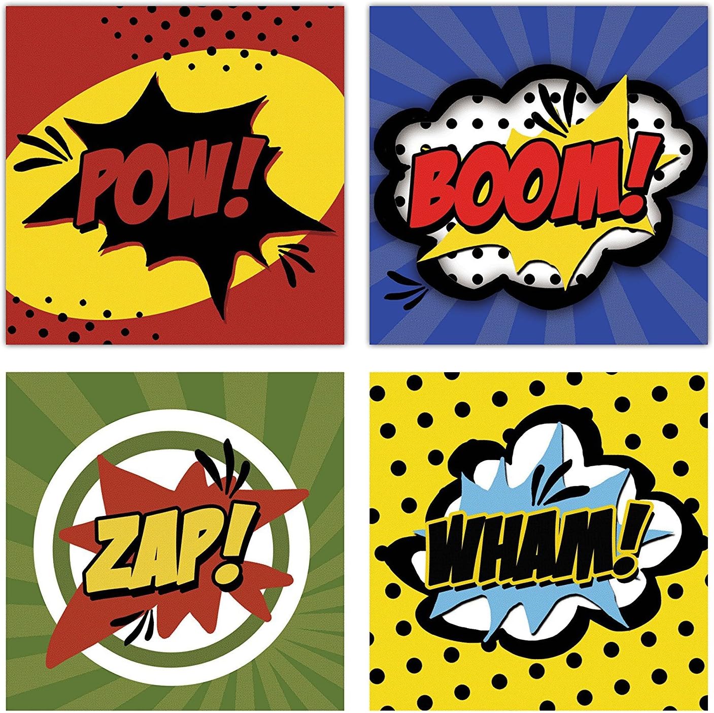 Gango Home Décor Superhero Pow! Boom! Wham! and Zap! Set; Childs Room or Nursery Decor; Four 12x12in Unframed Paper Posters. Blue/Red/Yellow/Green