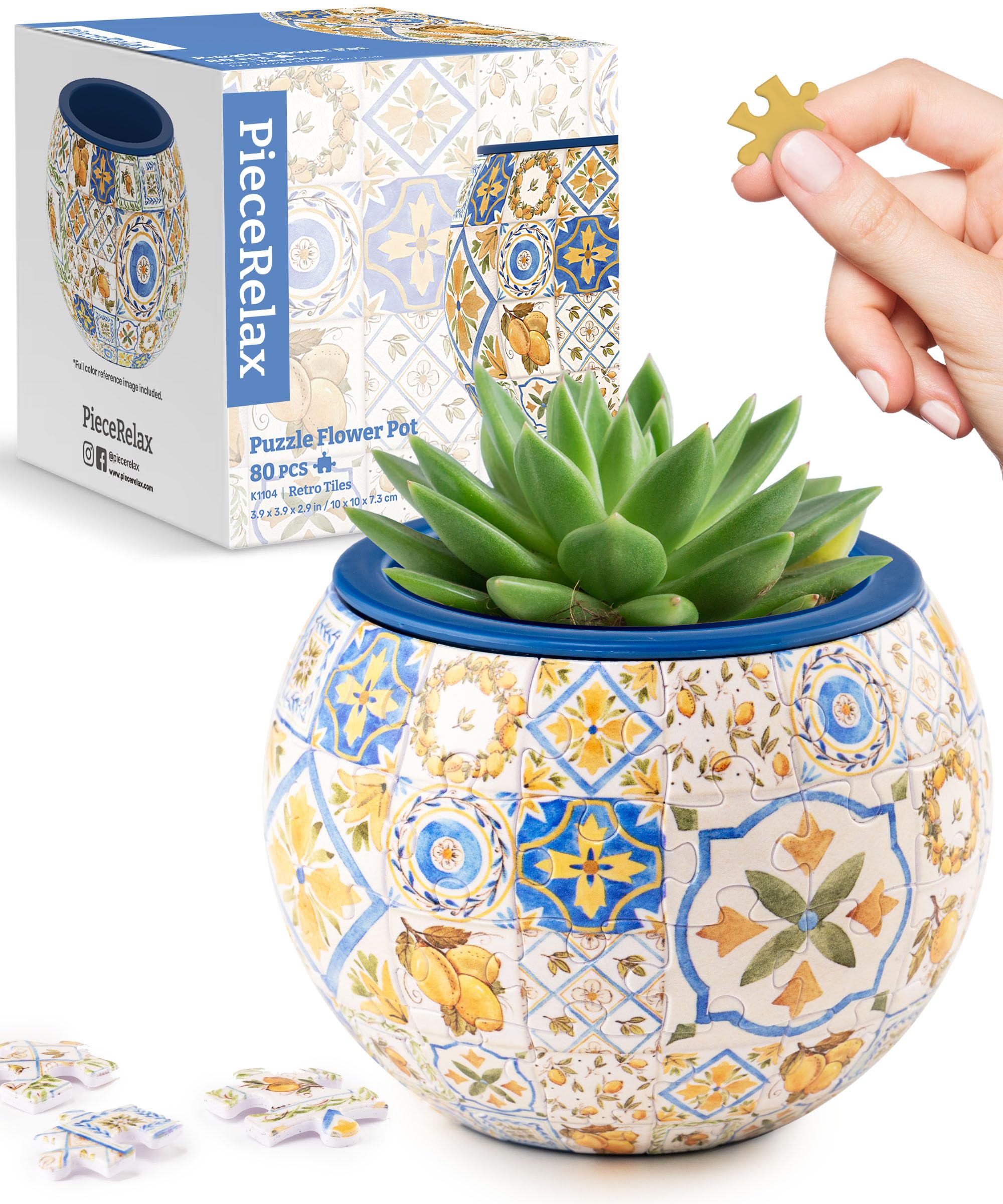 PieceRelax 3D Puzzle Planter - Retro Tiles - Small Round Plant Pots with Drainage, Home Decor Flower Pots for Indoor Cactus, Succulents Pots [K1104] — image 1
