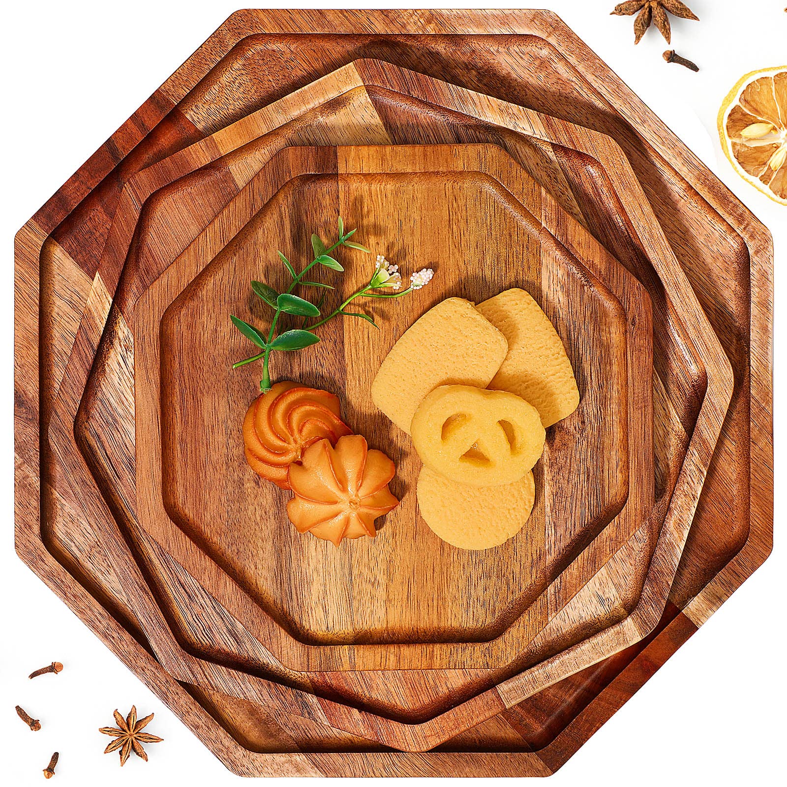 Photo 1 of 3 Pieces Acacia Wood Serving Tray Wooden Octagon Bread Fruit Platter Large Decorative Plates Charcuterie Cheese Platter Board Vegetable Food Dish for Salad Pizza Cupcakes (12 Inch, 10 Inch, 8 Inch)