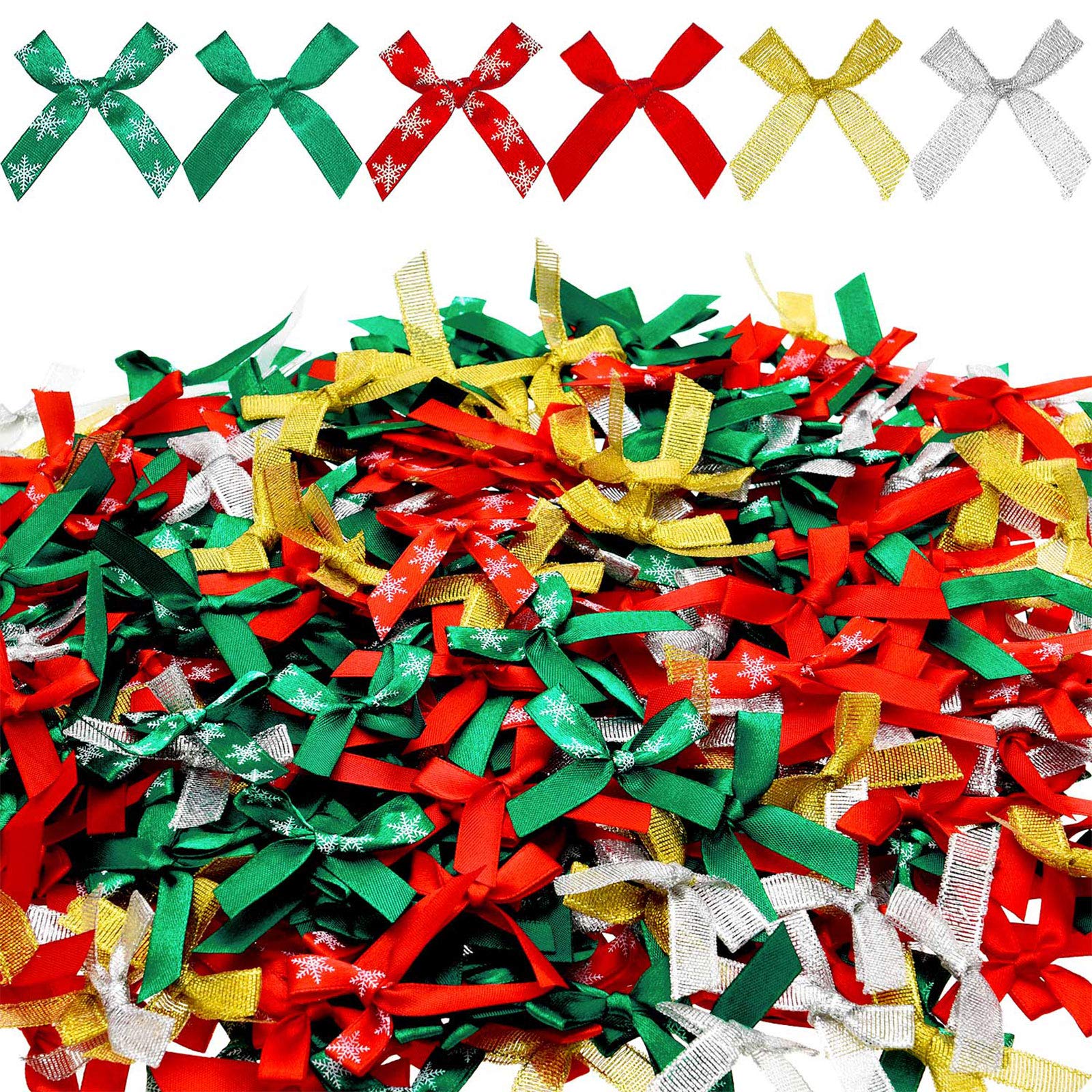 Willbond 400 Pcs Christmas Tree Bows, 4x4cm Christmas Bows for Crafts Decoration Present DIY Wrapping Supplies Xmas Decor Wreath Ornament, Red Green Gold Sliver Colorful