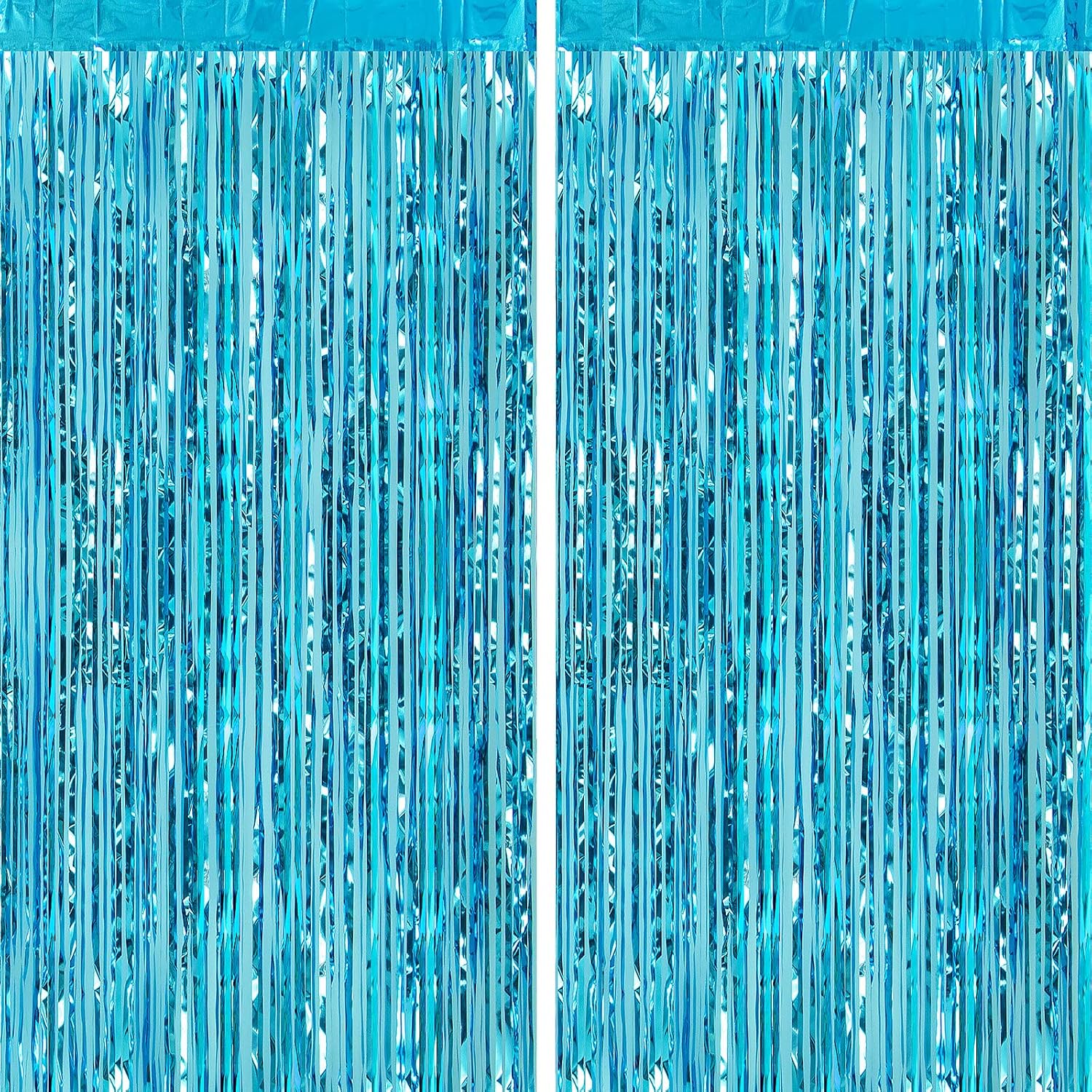 CHRORINE 2pcs 1m x 2.5m Light Blue Metallic Tinsel Foil Fringe Curtains Party Streamers Backdrop for Frozen Mermaid Birthday Baby Shower Bachelorette Bridal Shower Blue Party Decorations