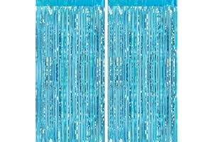 CHRORINE 2pcs 3ft x 8ft Light Blue Metallic Tinsel Foil Fringe Curtains Backdrop for Frozen Mermaid Blue Birthday Party Decorations, Baby Shower Bachelorette Bridal Shower Party Decorations