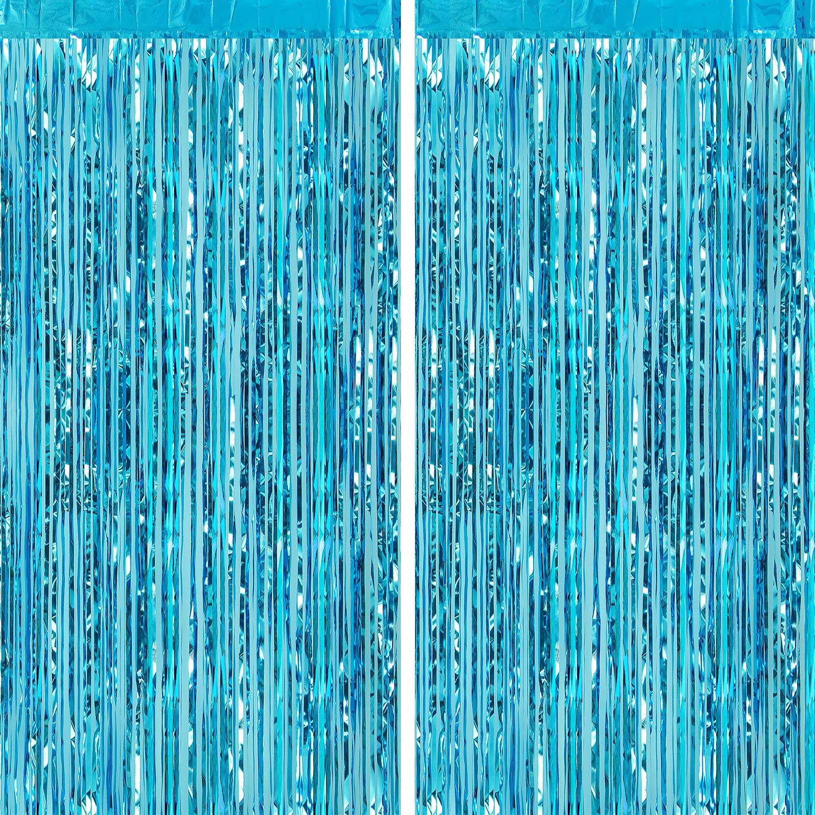 CHRORINE 2pcs 1m x 2.5m Light Blue Metallic Tinsel Foil Fringe Curtains Party Streamers Backdrop for Frozen Mermaid Birthday Baby Shower Bachelorette Bridal Shower Blue Party Decorations — image 1