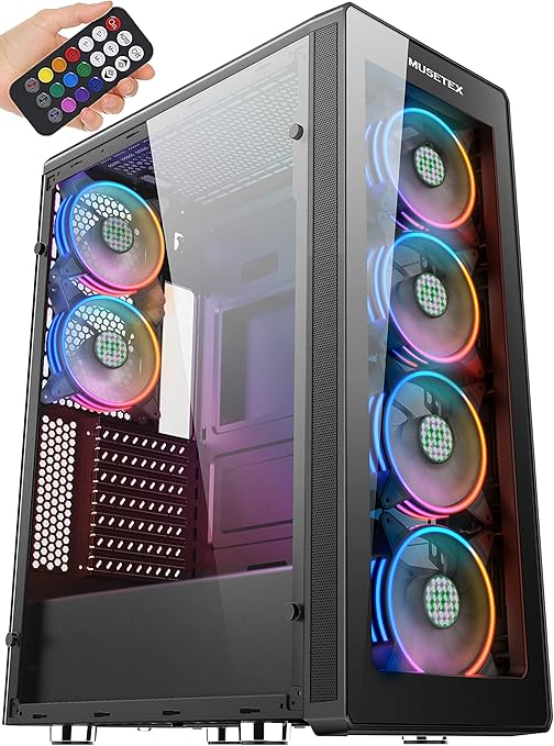 MUSETEX ATX MidTower Case with 6 Pcs RGB Fans 2 × USB 3.0 Tempered
