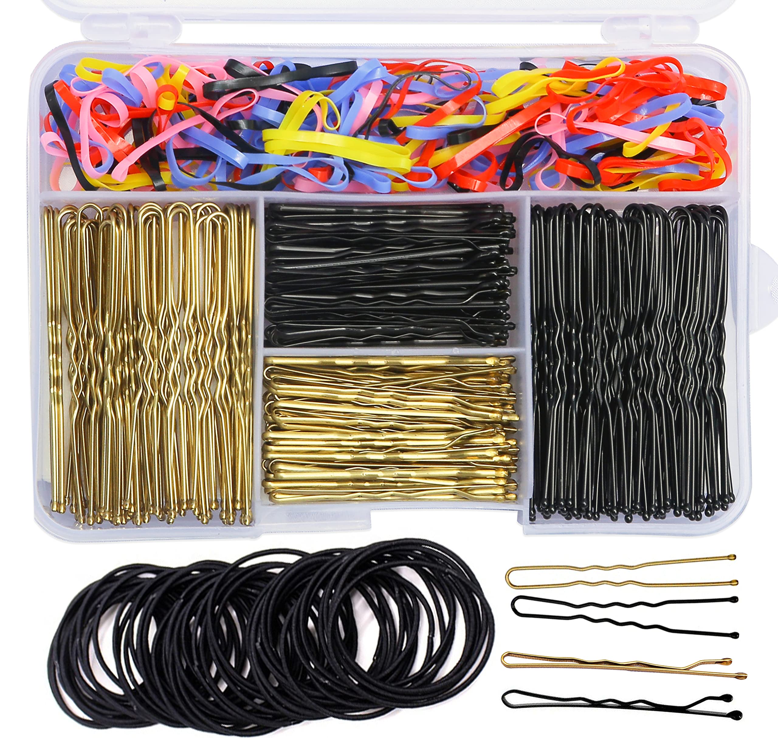 Duxwa 340 Pcs Blonde & Black Bobby Pins Blonde Hair Grips Bun Pins Kirby Grips, Hair Pins For Buns,120 Hair Bands,30 Elastic Bands in Box of Hair Band,Hair Ties,Hair Bobbles & Hair Bands for Women