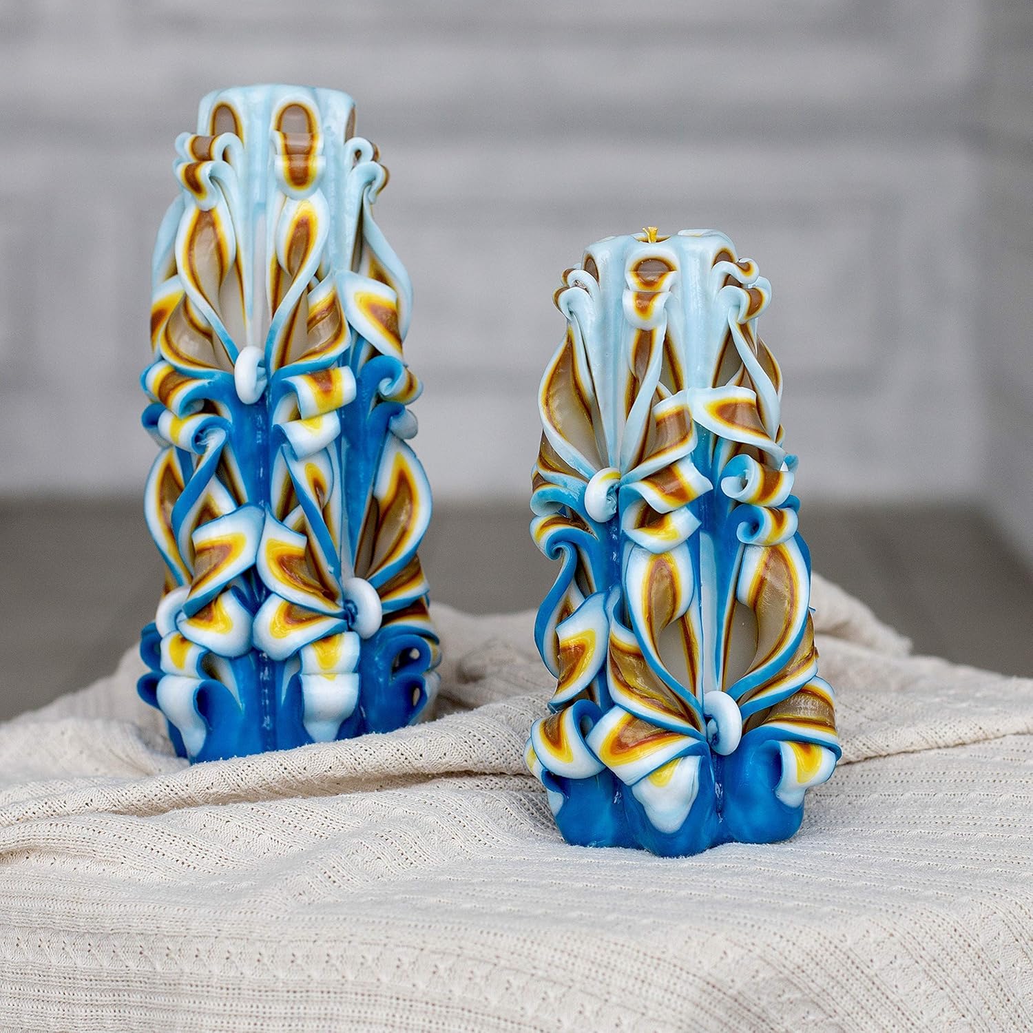 Hand carved decorative blue candle set for unique gift Idea