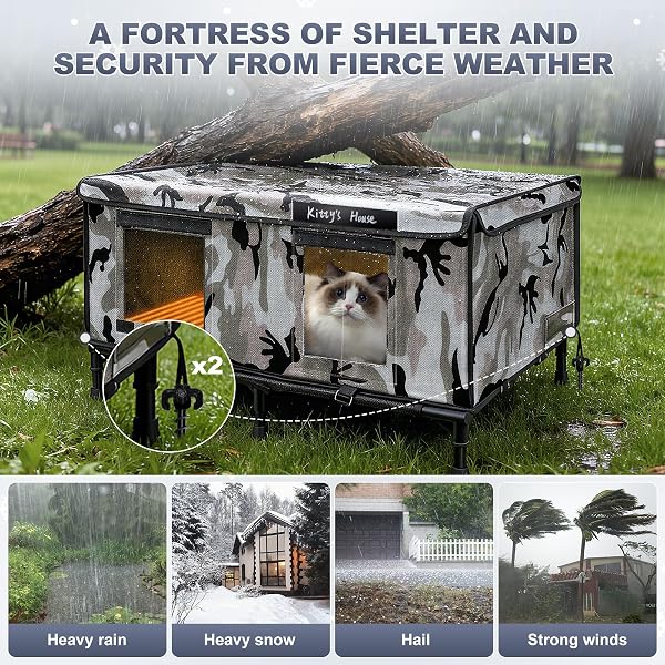 HEATED CAT HOUSE FOR OUTSIDE IN WINTER, WEATHERPROOF INSULATED OUTDOOR CAT HOUSE WITH 2 DOOR & ELEVATED BASE & RAIN COAT, FERAL CAT SHELTER FOR STRAY CAT (24″X18″X18″)