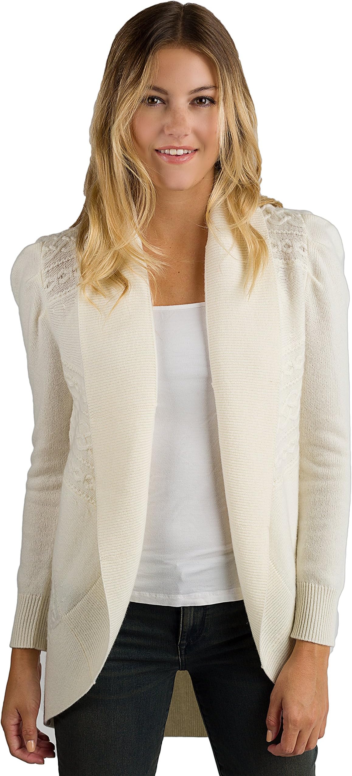 JENNIE LIU Women's 100% Pure Cashmere Long Sleeve Celine Cable-Knit Open Cardigan Sweater