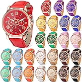 Outus 26 Pack Assorted Platinum Wrist Unisex Watch Wholesale Quartz Watch Sets for Women Men Ladies with PU Leather Belt