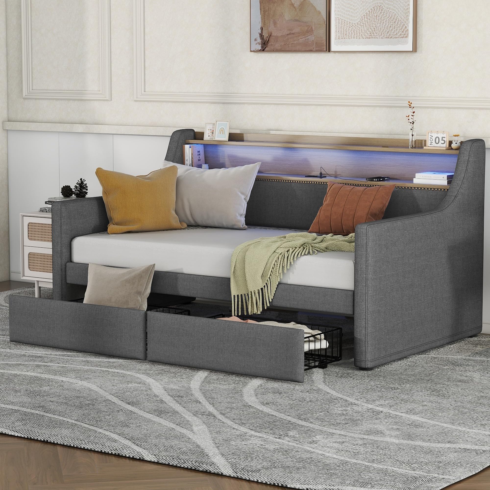 Photo 1 of Ball & Cast Twin Size Daybed with Storage Drawers,Linen Upholstered Bed Frame with Charging Station and LED Lights, Modern Day Bed with Backrest & Armrest,No Box Spring Needed,Gray