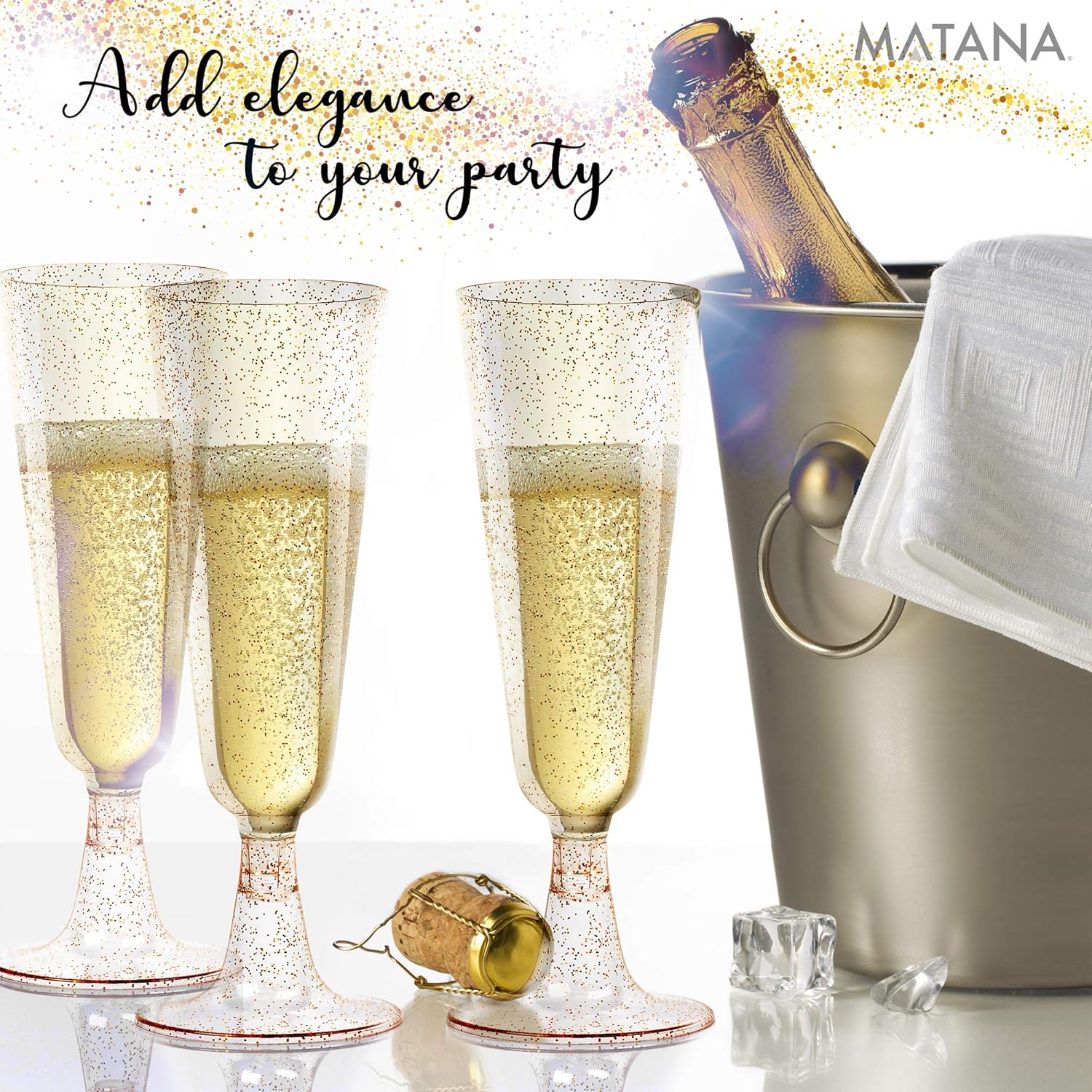 MATANA 50 Premium Plastic Champagne Flutes with Gold Glitter, 150ml / 5oz, Reusable Prosecco Glasses, Champagne Glasses - Image 3