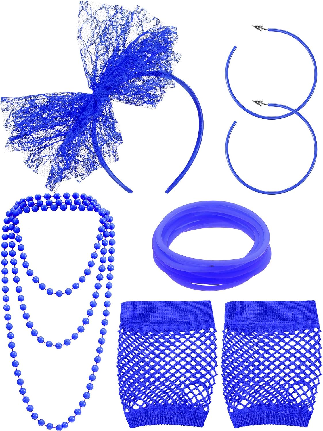 Blulu 80s Fancy Dress Costume Accessories Lace Headband Earrings Fishnet Gloves Necklace Bracelet for Women 80's Party(Royal Blue)
