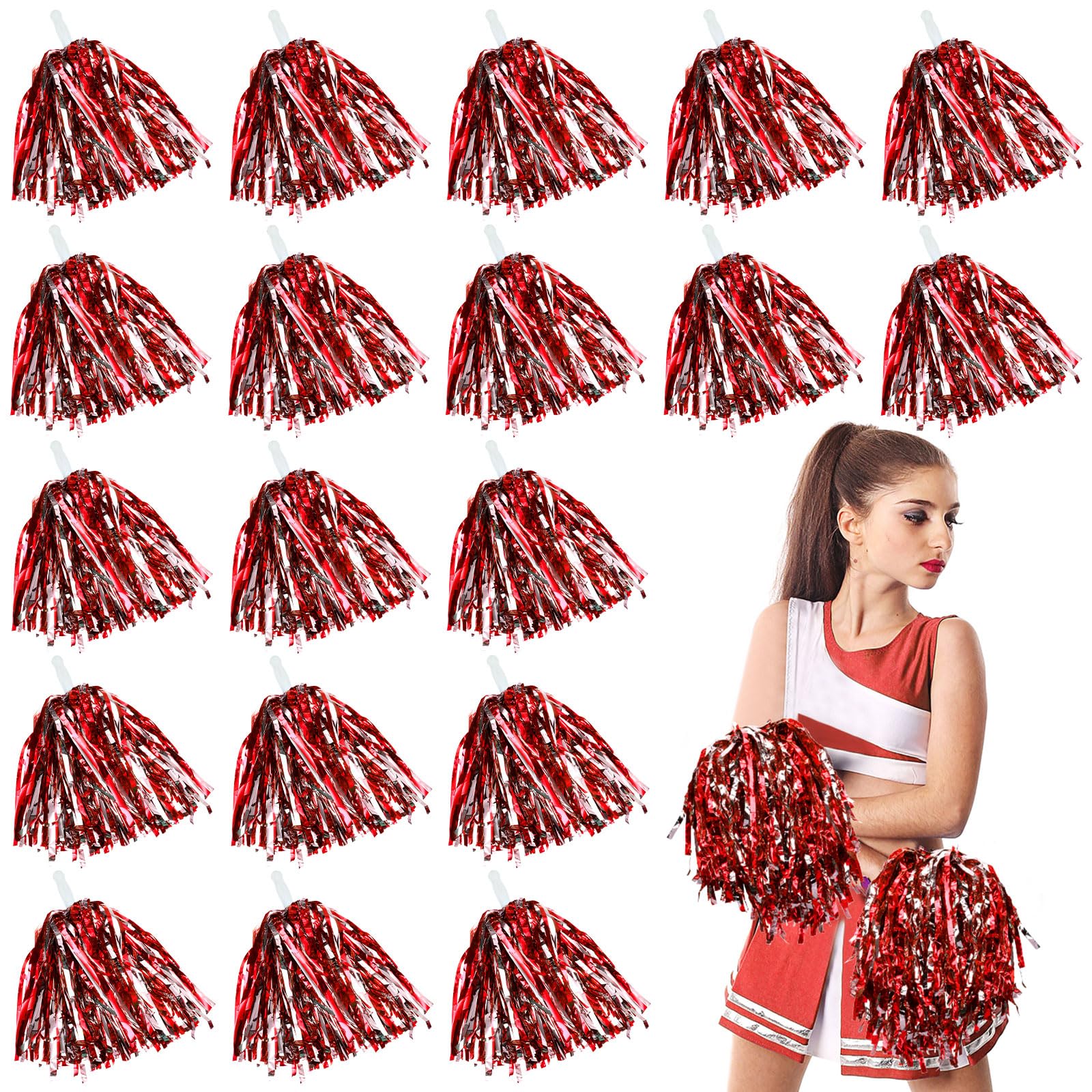 Photo 1 of 100 Pack Cheerleading Pom Pom Bulk Football Game Cheerleader Pompoms Plastic Cheering Hand Flowers with Handle for Sports Dance Match Team Cheerleading Squad(Red Silver)